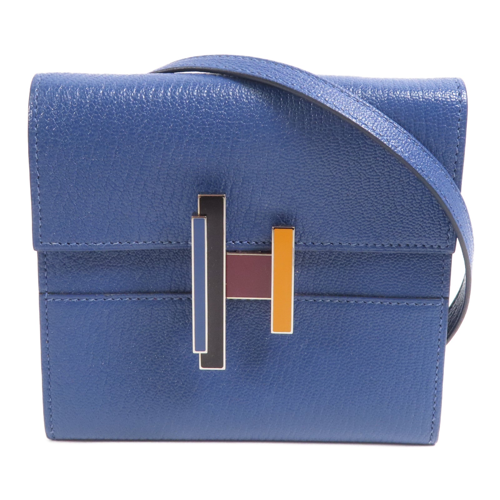 HERMES Chevre皮革Cinhetic To Go Wallet銀扣肩背袋7E Bleu Brighton