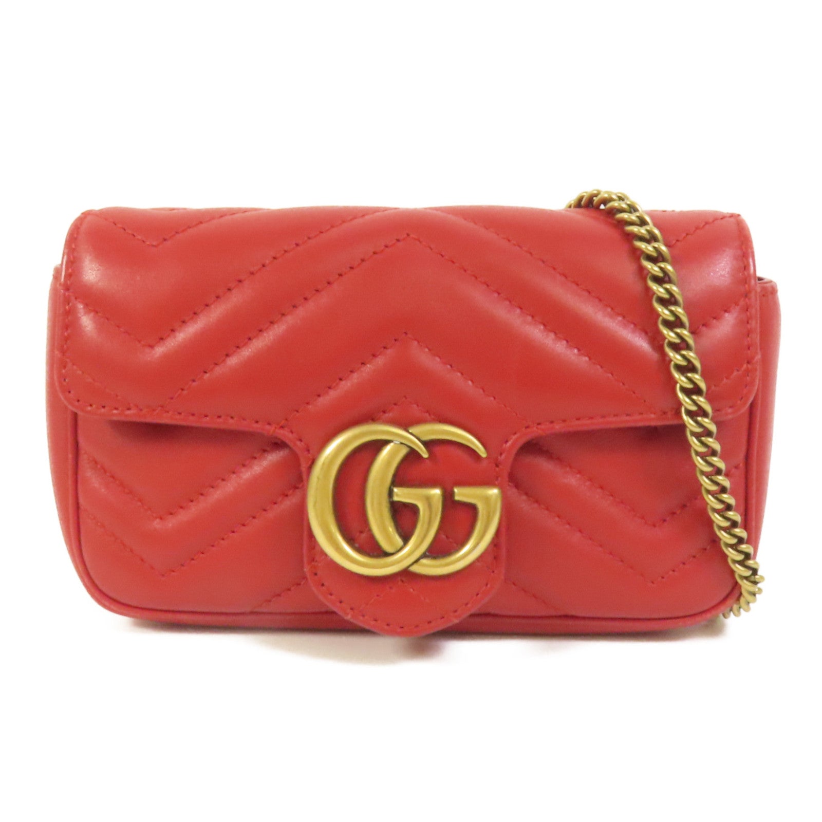 GUCCI 牛皮皮革GG Marmont Super Mini金扣鏈帶肩背袋