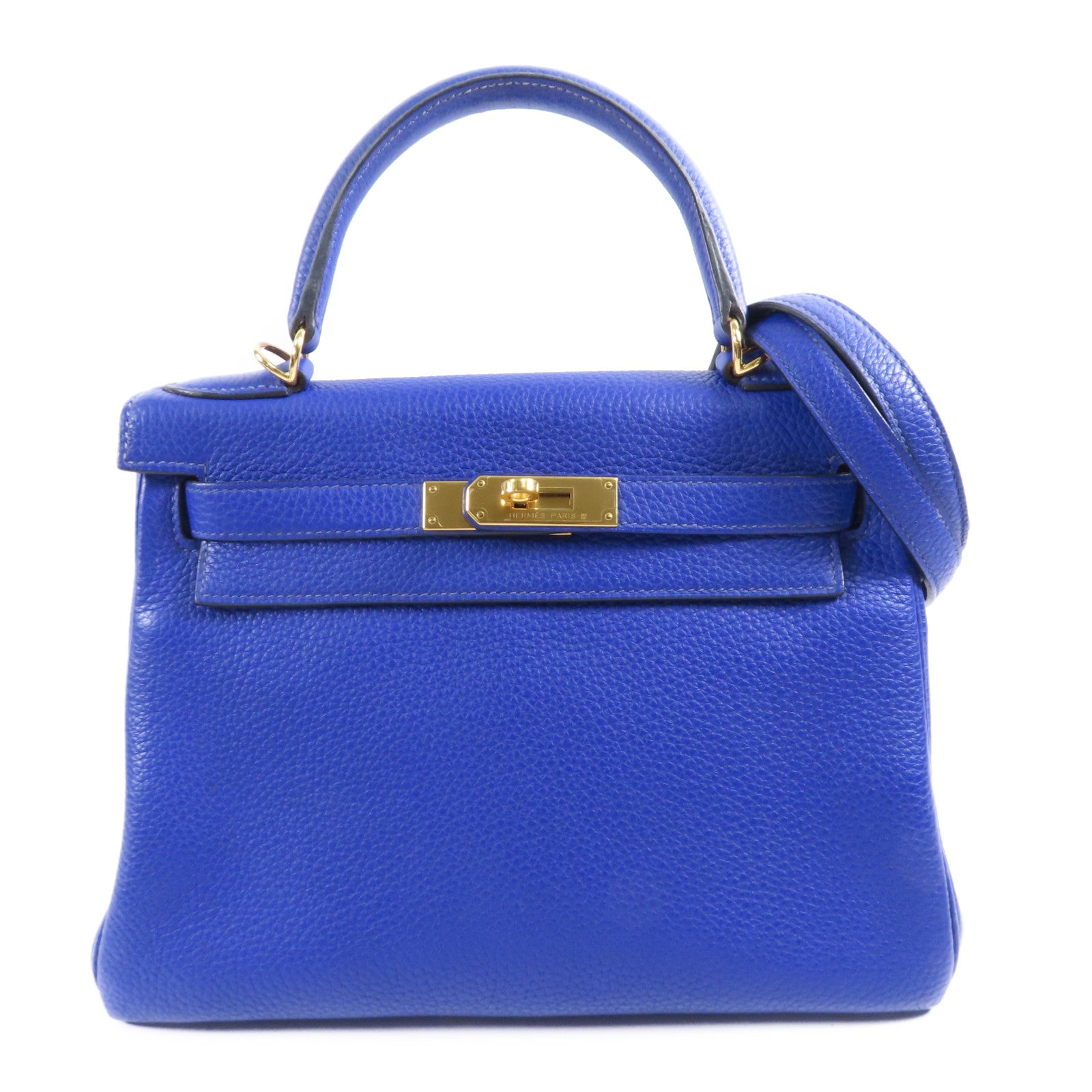 HERMES Clemence皮革Kelly 28金扣手挽肩背兩用袋71 Bleu France