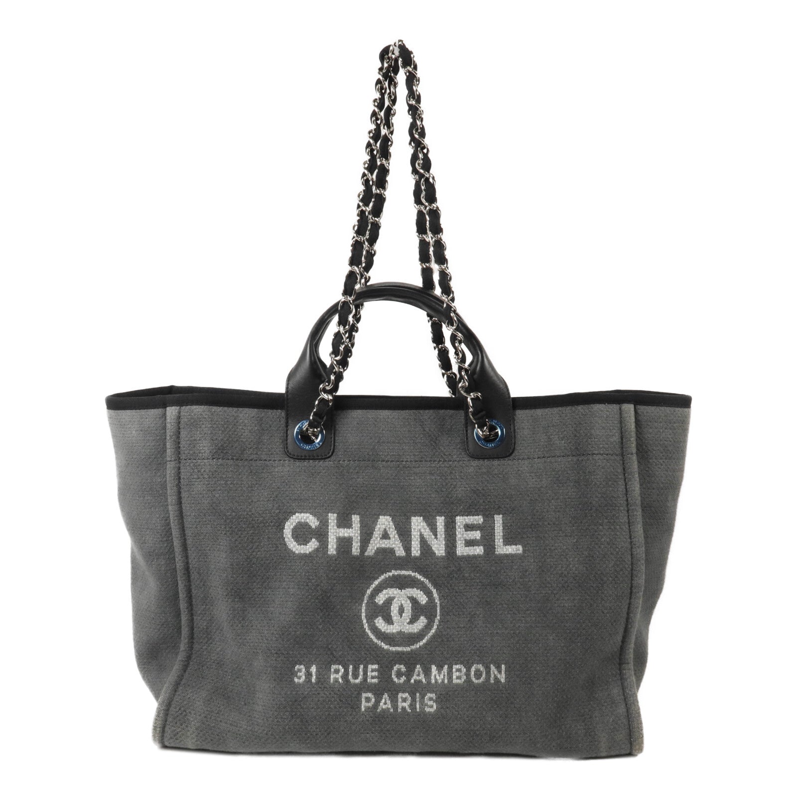 CHANEL 帆布Deauville Tote Medium鏈帶手挽肩背兩用袋