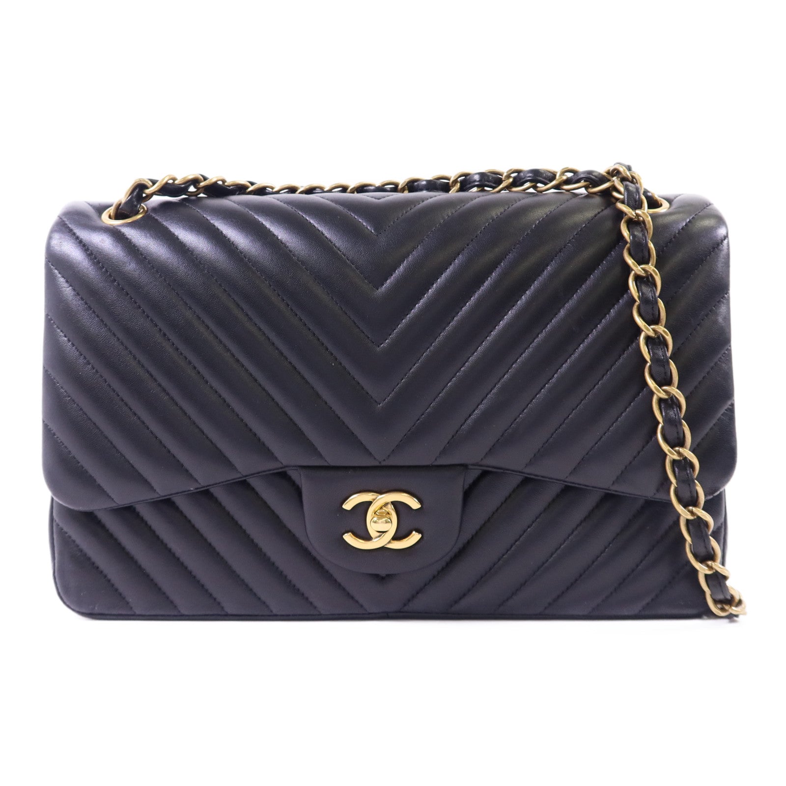 CHANEL 羊皮皮革Classic Jumbo金扣鏈帶手挽肩背兩用袋