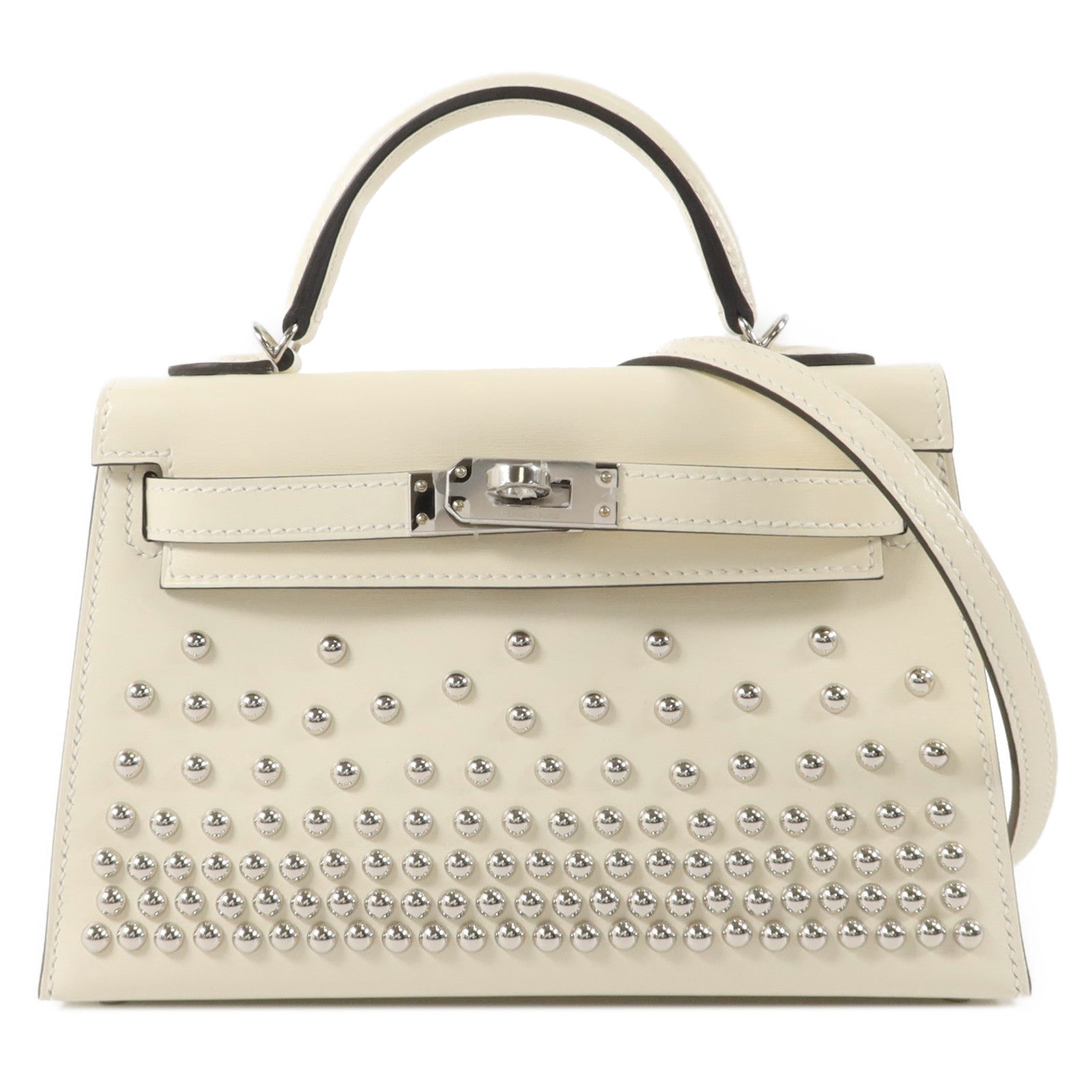 HERMES Box Calf皮革Mini Kelly II Sellier Cloute手挽肩背兩用袋Cream