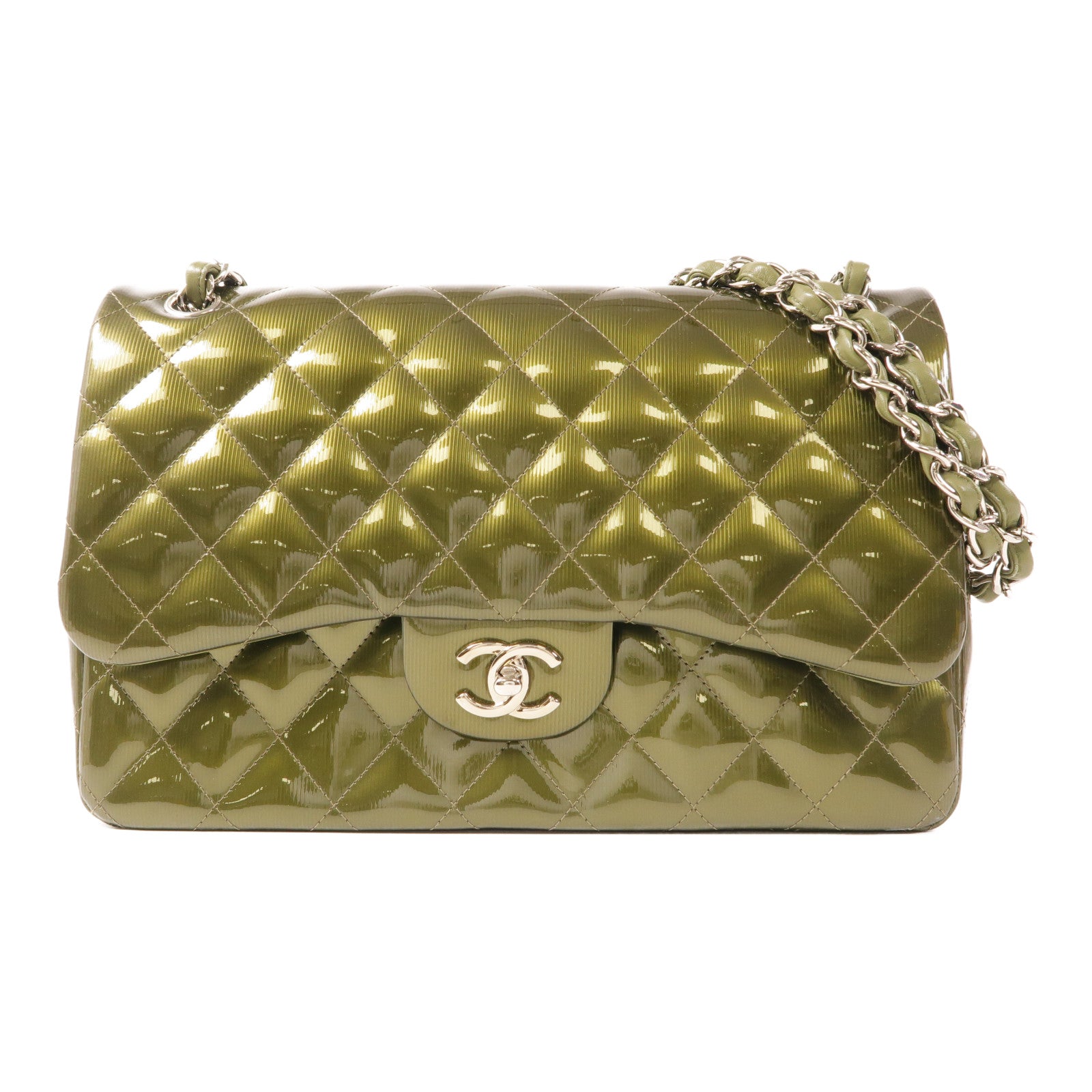CHANEL CC SHW Large Classic Chain Shoulder Bag Patent Leather Green