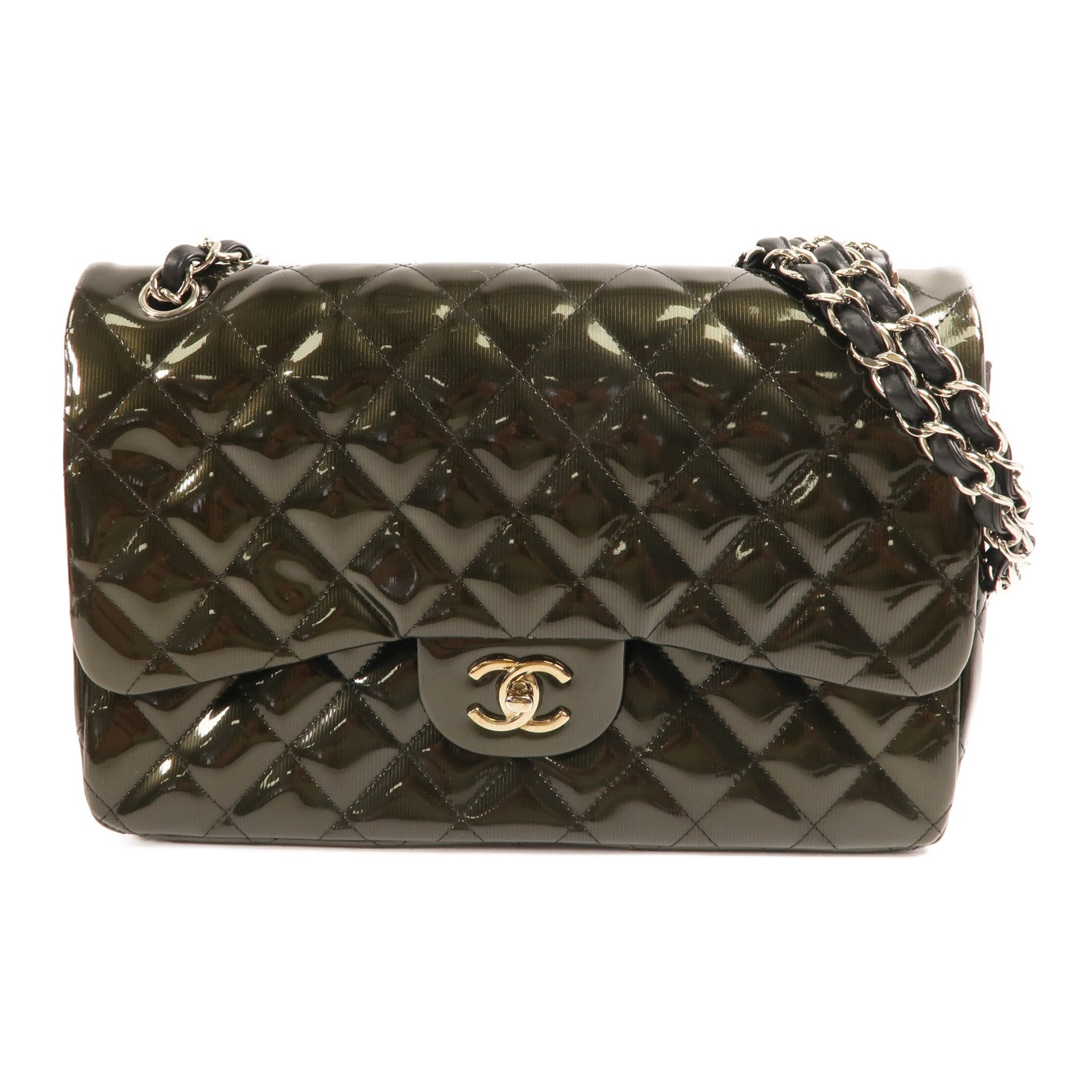 CHANEL 【激減優惠】漆皮皮革Large Classic銀扣鏈帶肩背袋