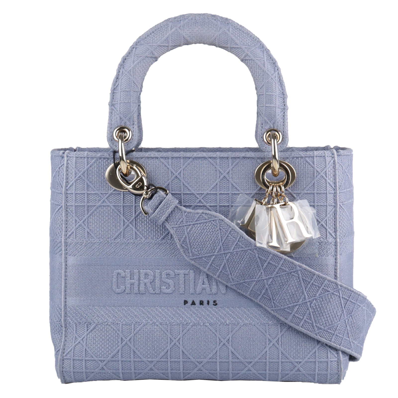 Dior canvas Lady Dior gold buckle handle shoulder bag blue