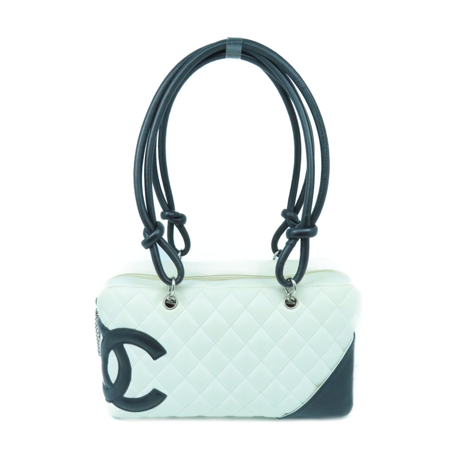CHANEL Rhombus Calfskin Leather Cambon Silver Buckle Shoulder Bag  White/Black