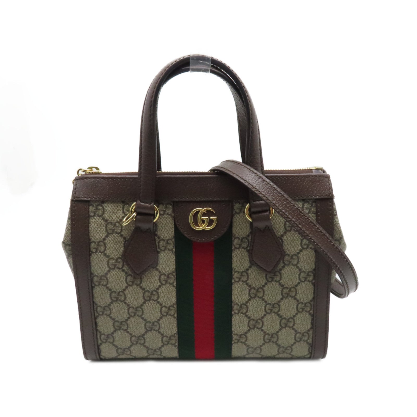 GUCCI Coated Canvas Ophidia GG Gold Buckle Handle Shoulder Bag Brown