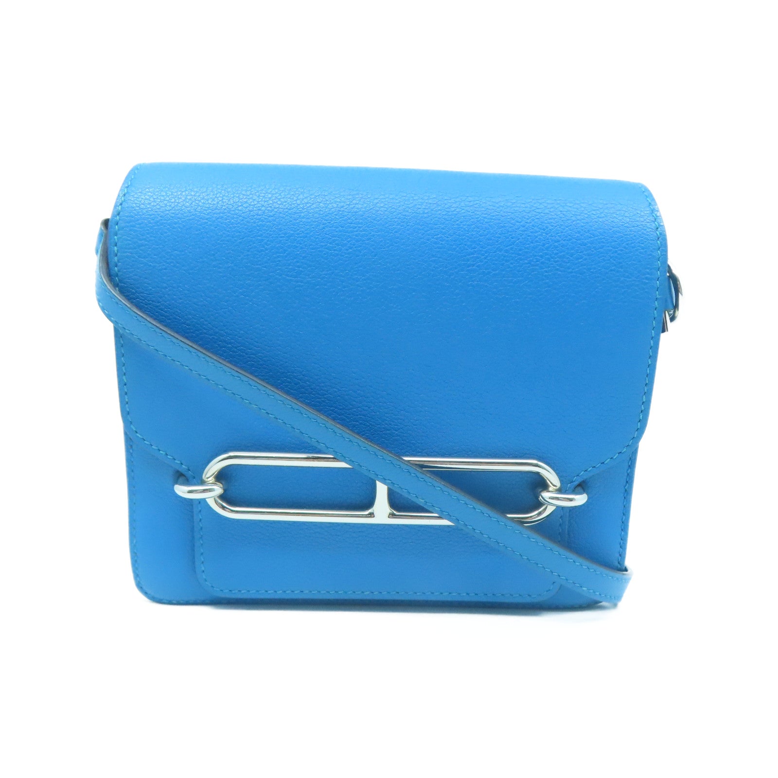 HERMES Evercolor Leather Mini Roulis Silver Buckle Shoulder Bag Tanzania  Blue