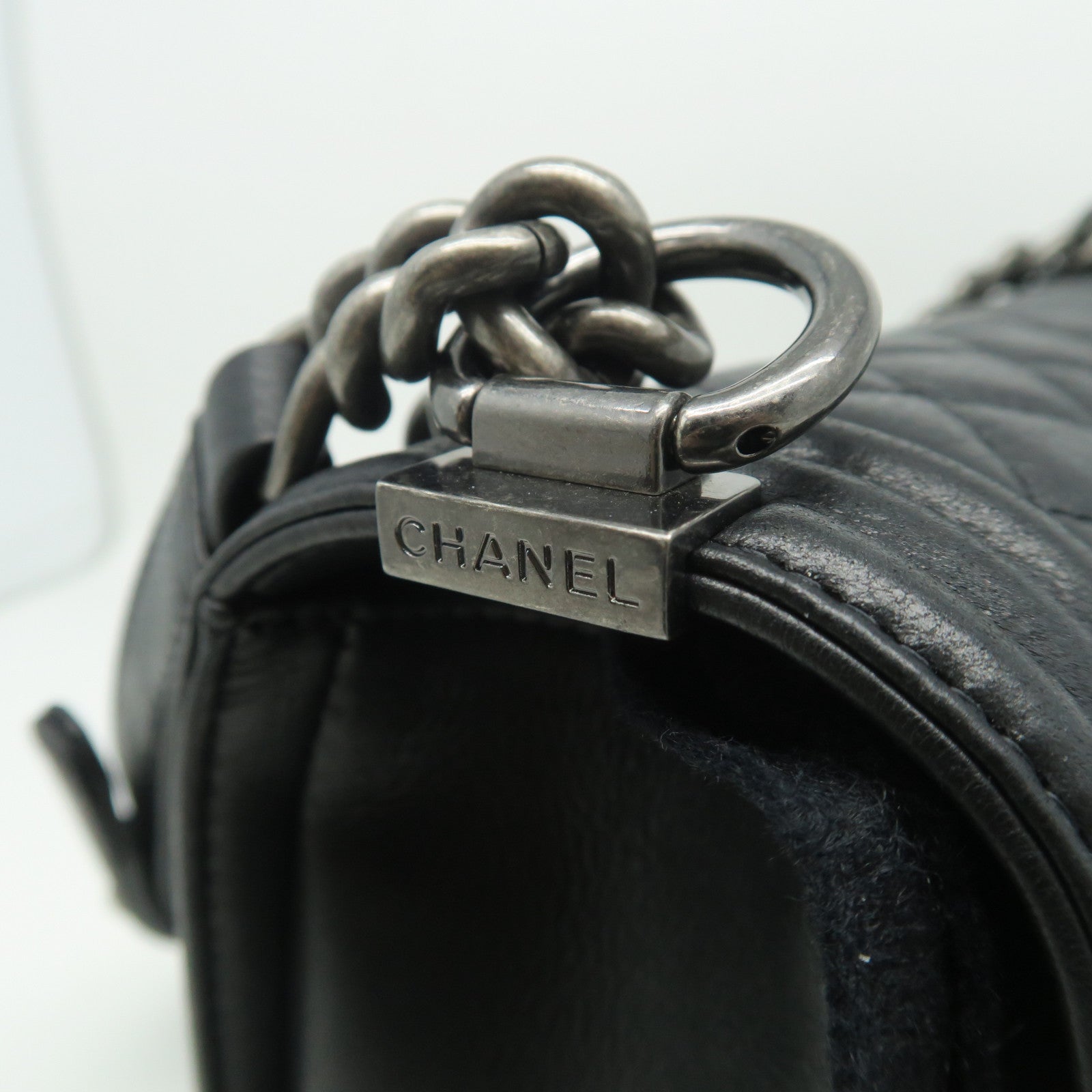 CHANEL 菱格羊皮皮革Boy Chanel 25cm銀扣鏈帶肩背袋黑色