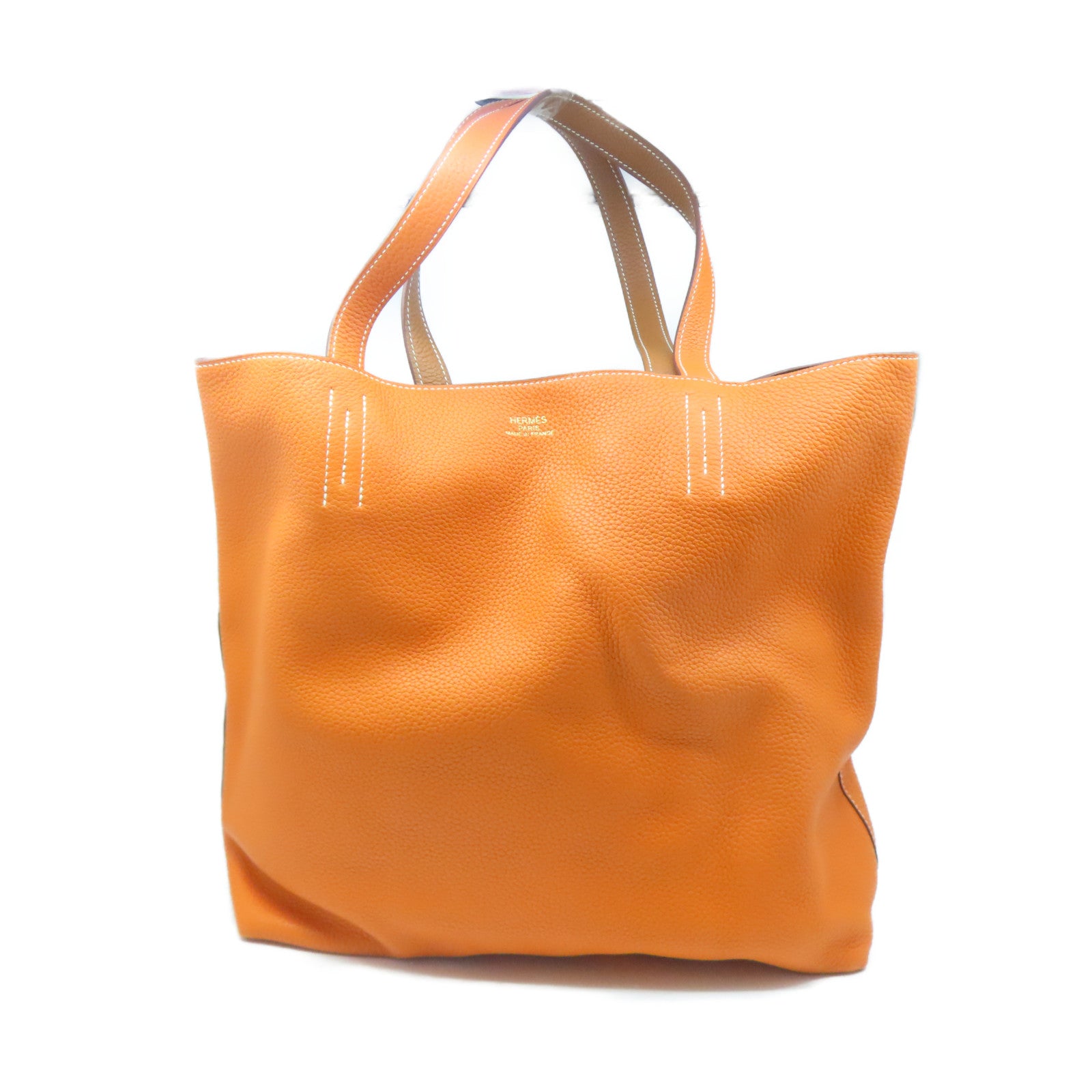 HERMES Clemence Leather Double Sens Tote Bag Orange