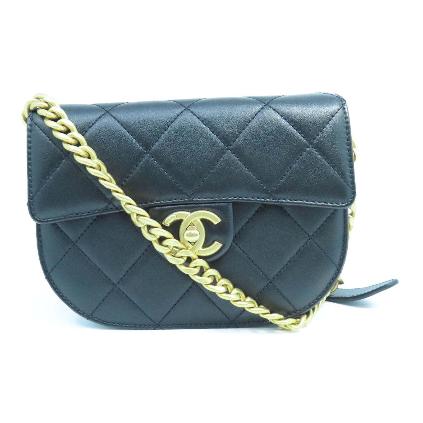 CHANEL 菱格牛皮皮革Chain Shoulder金扣链带肩背袋黑色– Brand
