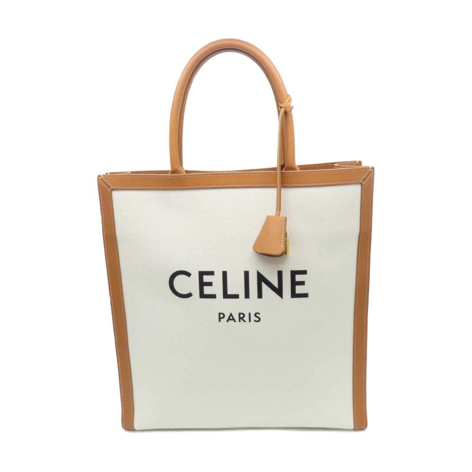 CELINE Canvas/Craft Leather Large Vertical Bag Gold Buckle Hand Bag Brown/White