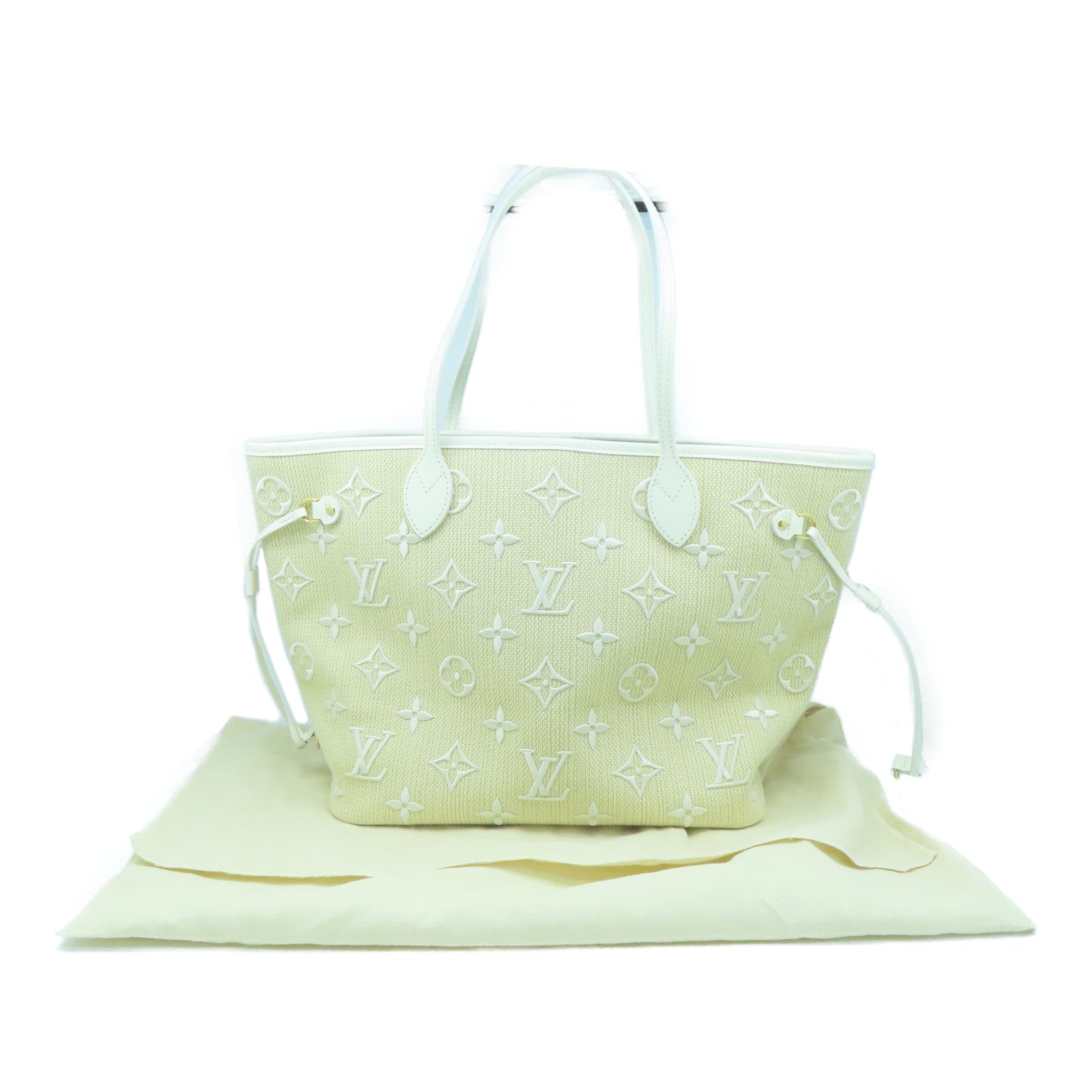 LOUIS VUITTON 牛皮皮革/蓮花棉/Monogram Neverfull MM金扣手挽袋白色