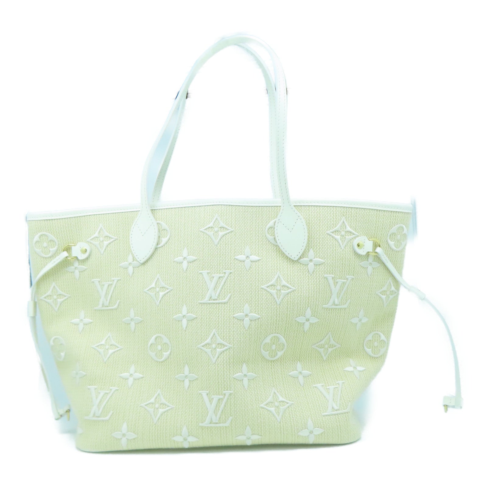 LOUIS VUITTON 牛皮皮革/蓮花棉/Monogram Neverfull MM金扣手挽袋白色