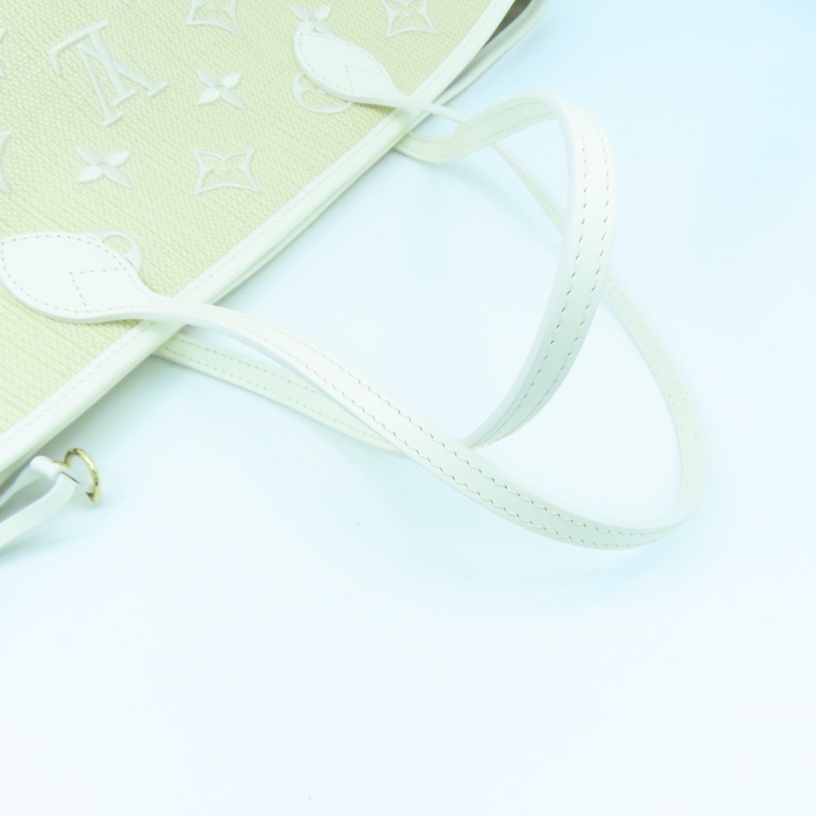 LOUIS VUITTON 牛皮皮革/蓮花棉/Monogram Neverfull MM金扣手挽袋白色