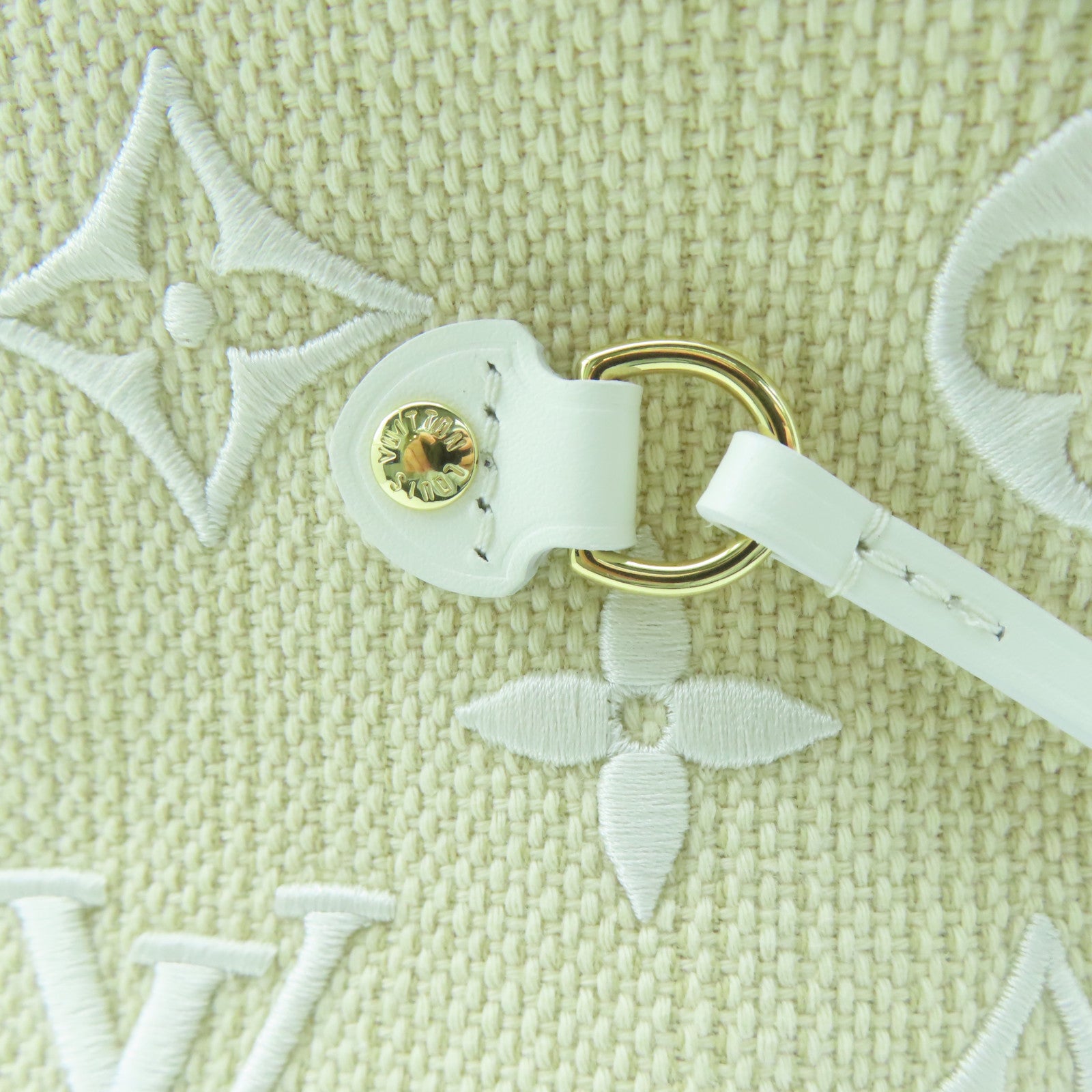 LOUIS VUITTON 牛皮皮革/蓮花棉/Monogram Neverfull MM金扣手挽袋白色