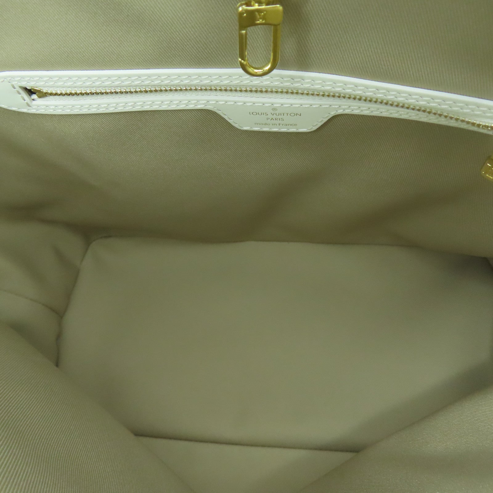 LOUIS VUITTON 牛皮皮革/蓮花棉/Monogram Neverfull MM金扣手挽袋白色