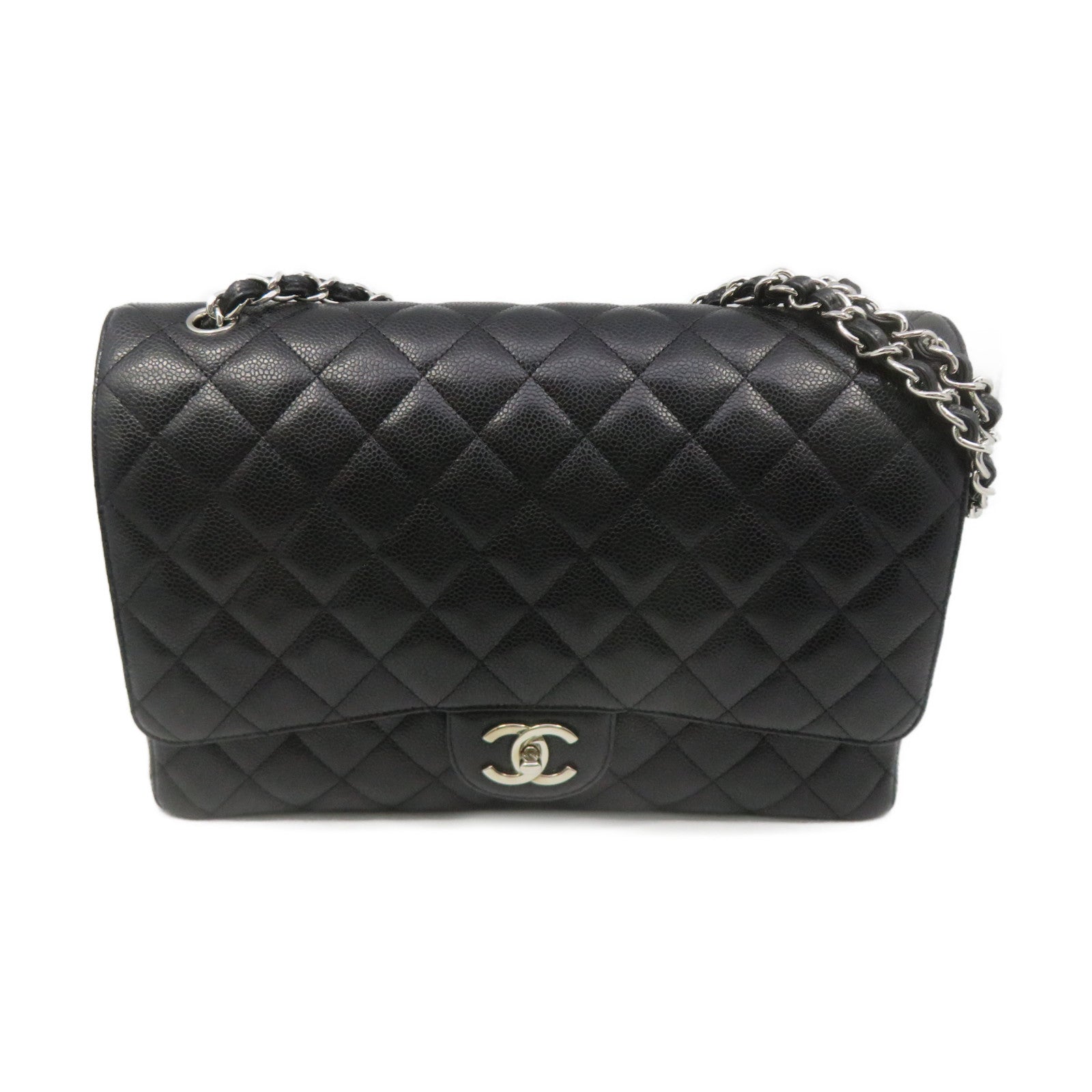 CHANEL Caviar Leather Maxi Jumbo Shoulder Bag Silver Buckle Chain Shoulder Bag Black