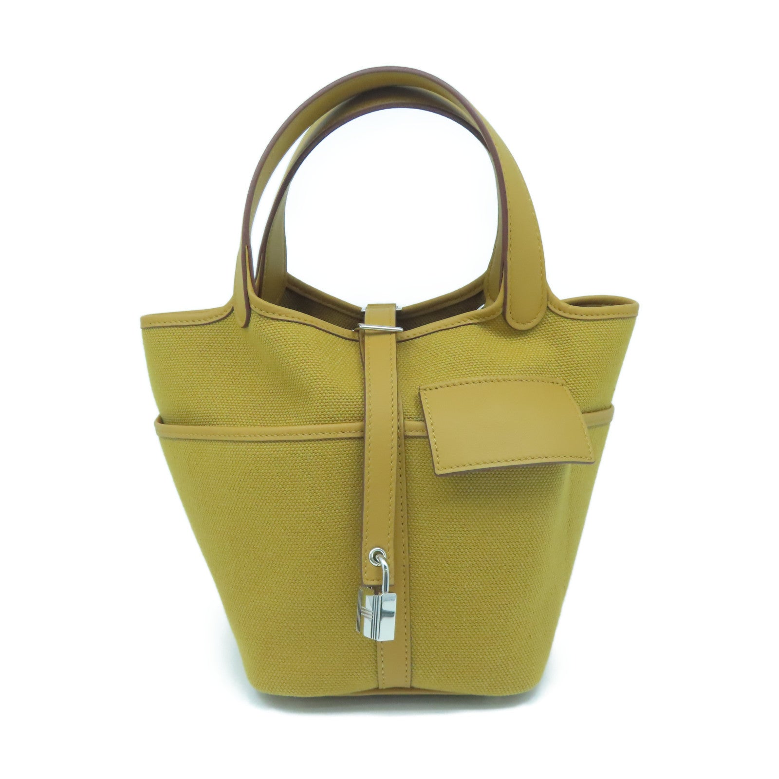 HERMES Swift Leather/Toile Geoland Canvas Picotin Cargo PM Silver Button  Handle Bag Sesame