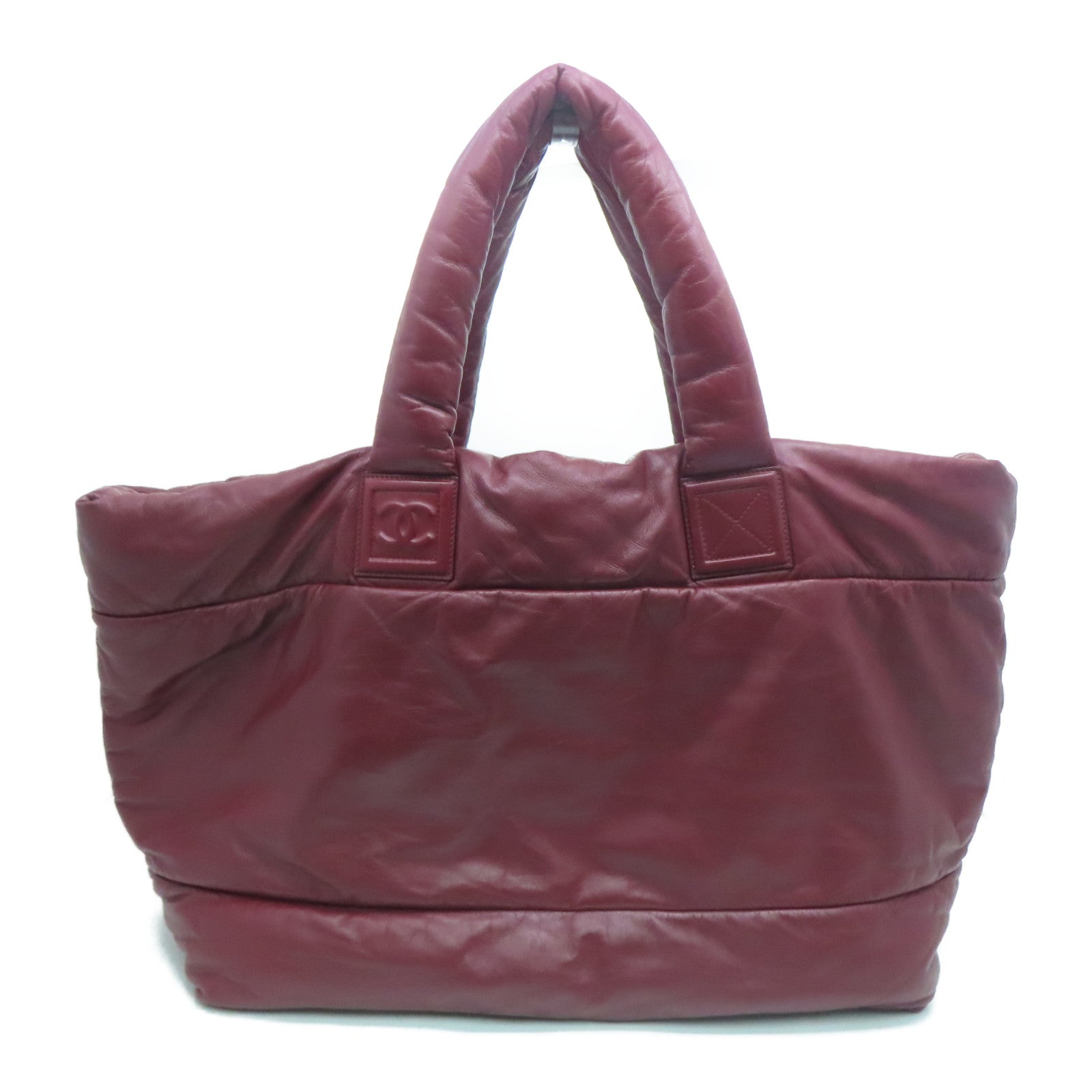 CHANEL sheepskin leather Cococoon silver buckle tote bag wine red