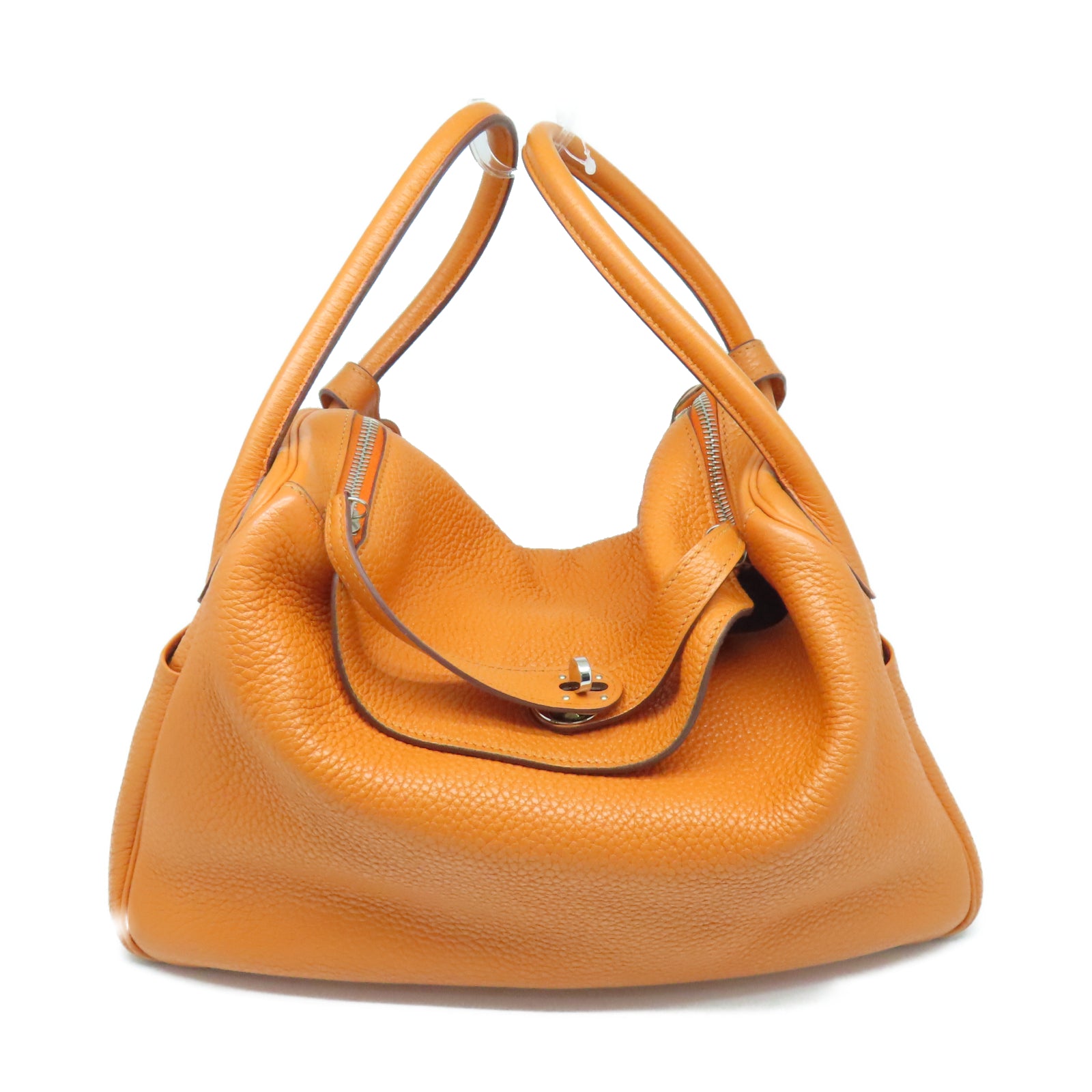 HERMES Taurillon Clemence Leather Lindy 34 Silver Buckle Handle Shoulder Bag Orange