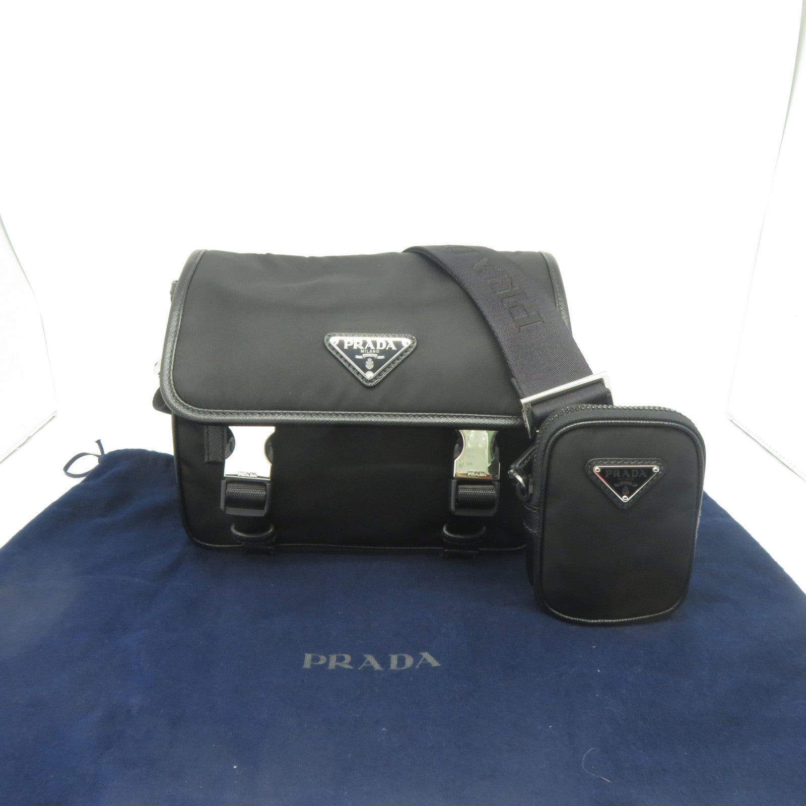PRADA 尼龍/Saffiano皮革Shoulder Bag銀扣肩背袋黑色