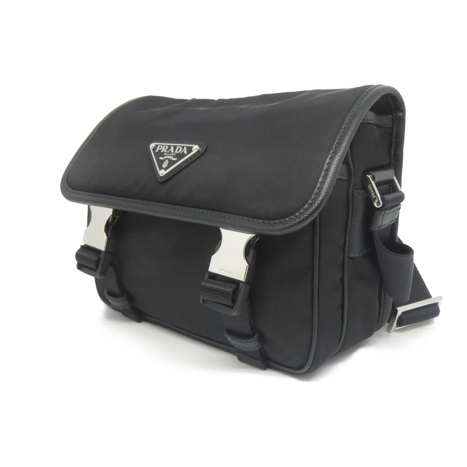PRADA 尼龍/Saffiano皮革Shoulder Bag銀扣肩背袋黑色
