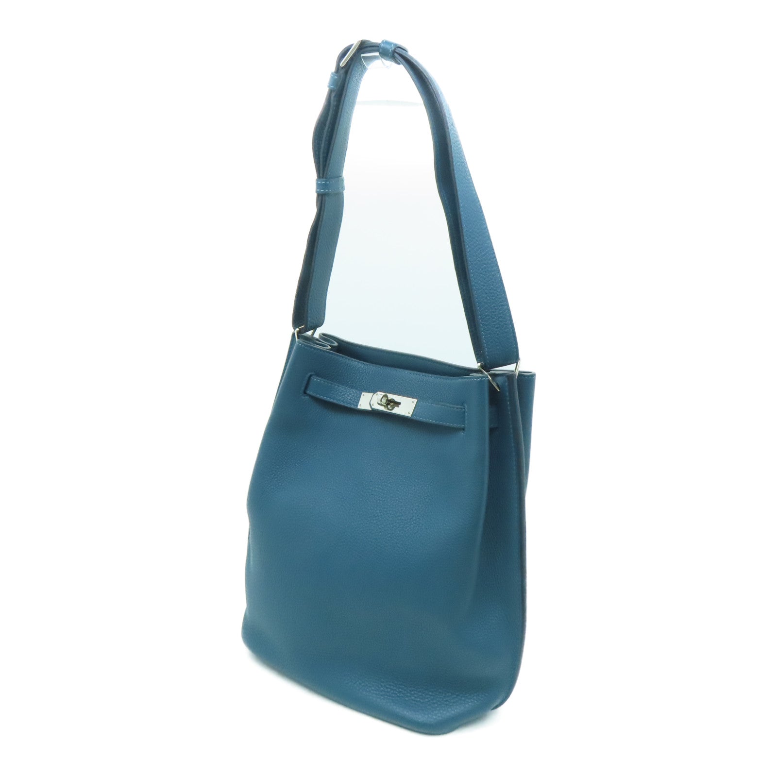 HERMES Togo Leather So Kelly 22 Silver Buckle Shoulder Bag Colvert Blue Blue