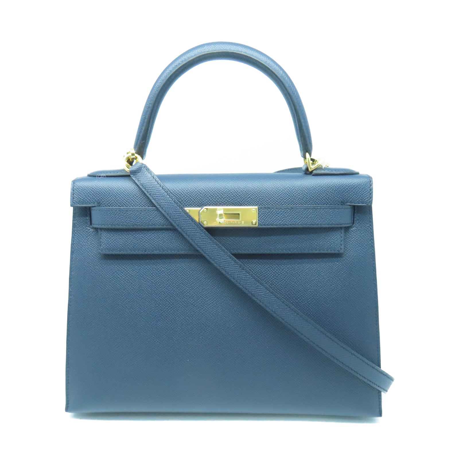 HERMES Epsom leather Kelly 28 gold buckle handle shoulder bag blue