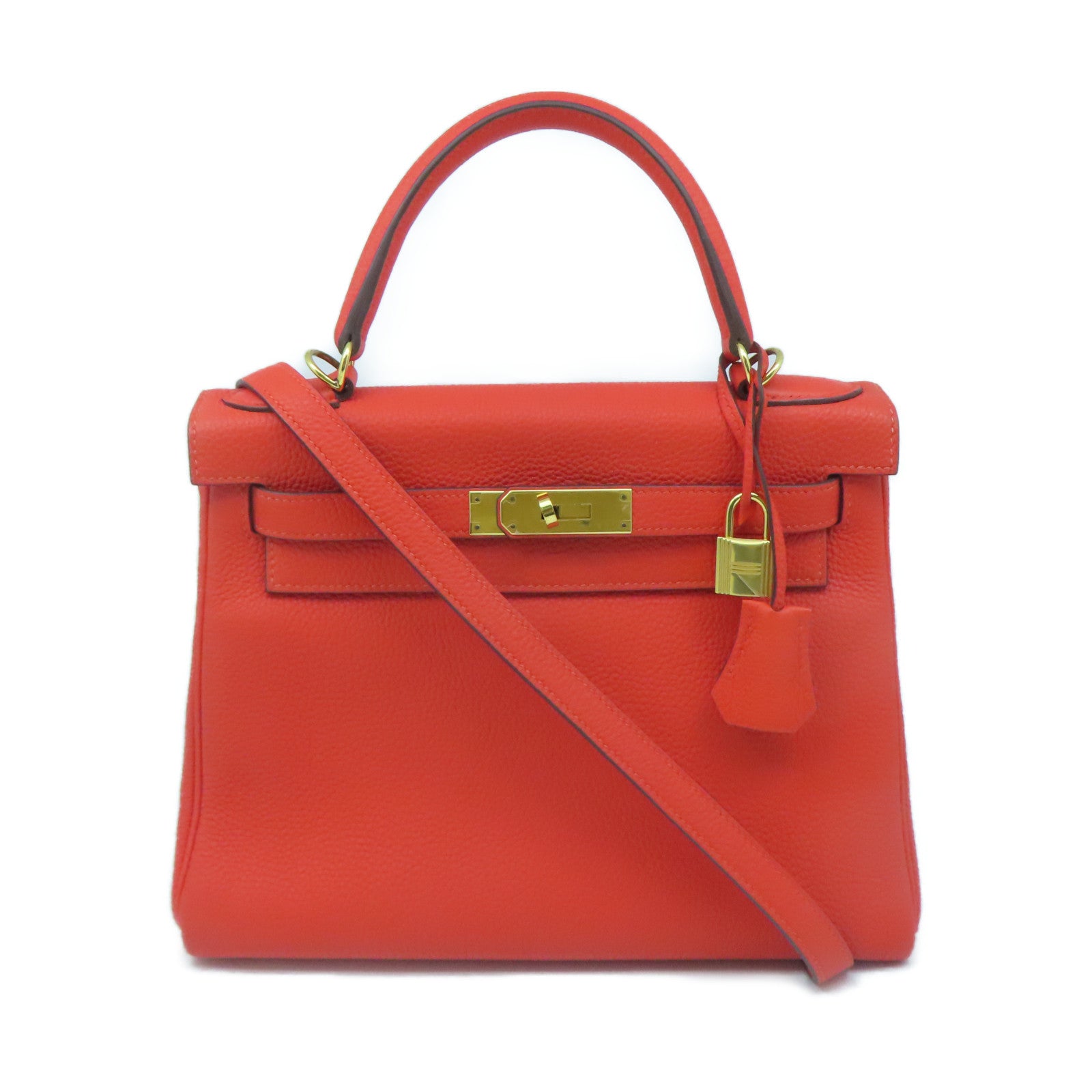 HERMES Togo Leather Kelly 28 Gold Buckle Hand Shoulder Dual-purpose Bag Fluorescent Orange