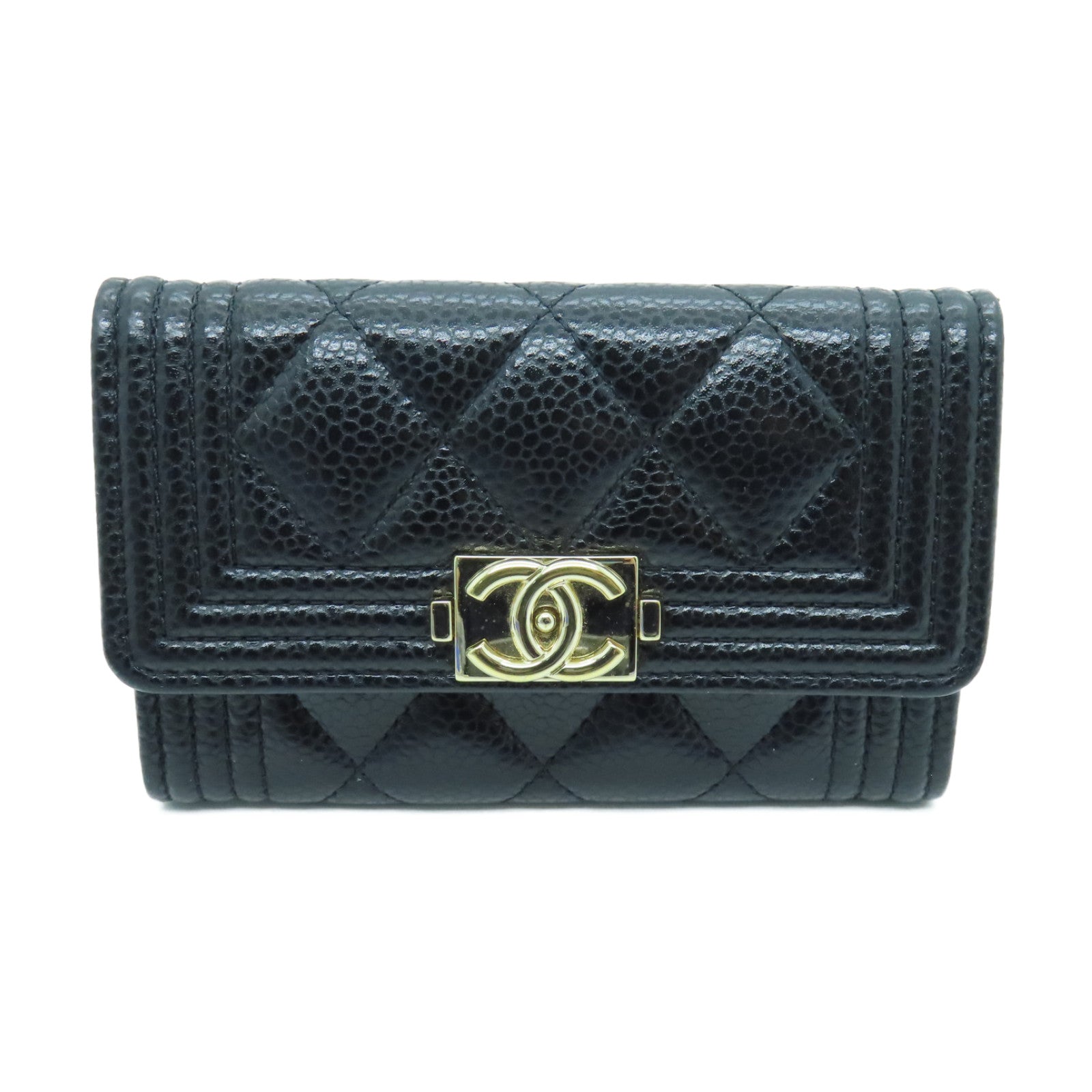 CHANEL Rhombus Caviar Leather Boy Card Case Gold Buckle Card Holder Black