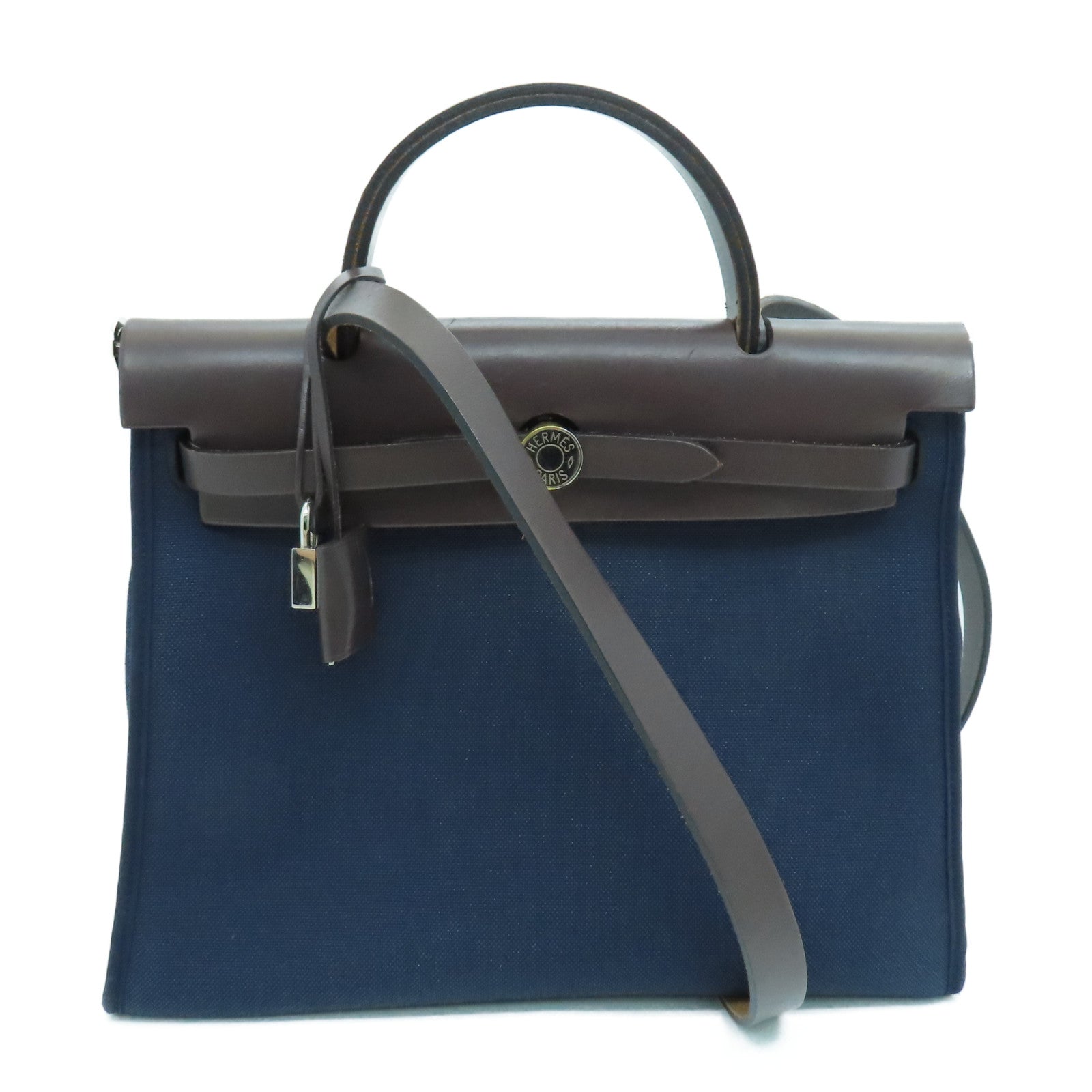 HERMES Canvas Herbag PM Silver Buckle Shoulder Strap Bag Blue Saphire Blue
