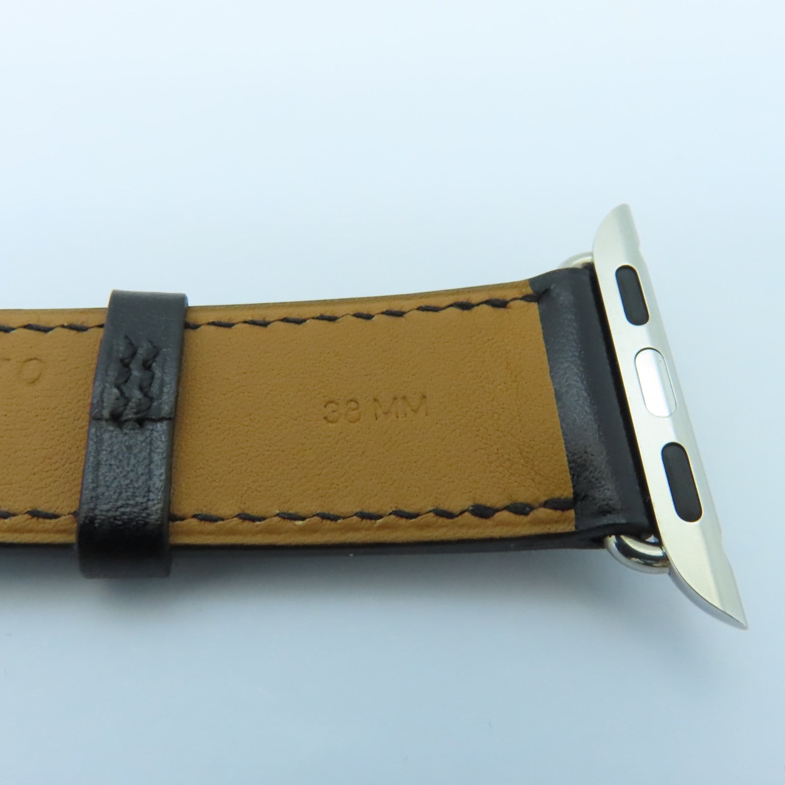HERMES 牛皮皮革Apple Watch Single Tour 38mm銀扣錶帶黑色