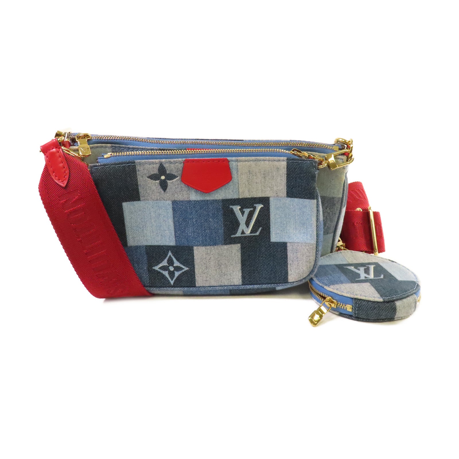 LOUIS VUITTON Monogram Denim Patchwork Multi Pochette Accessoires Shoulder  Bag金扣肩背袋藍色/紅色