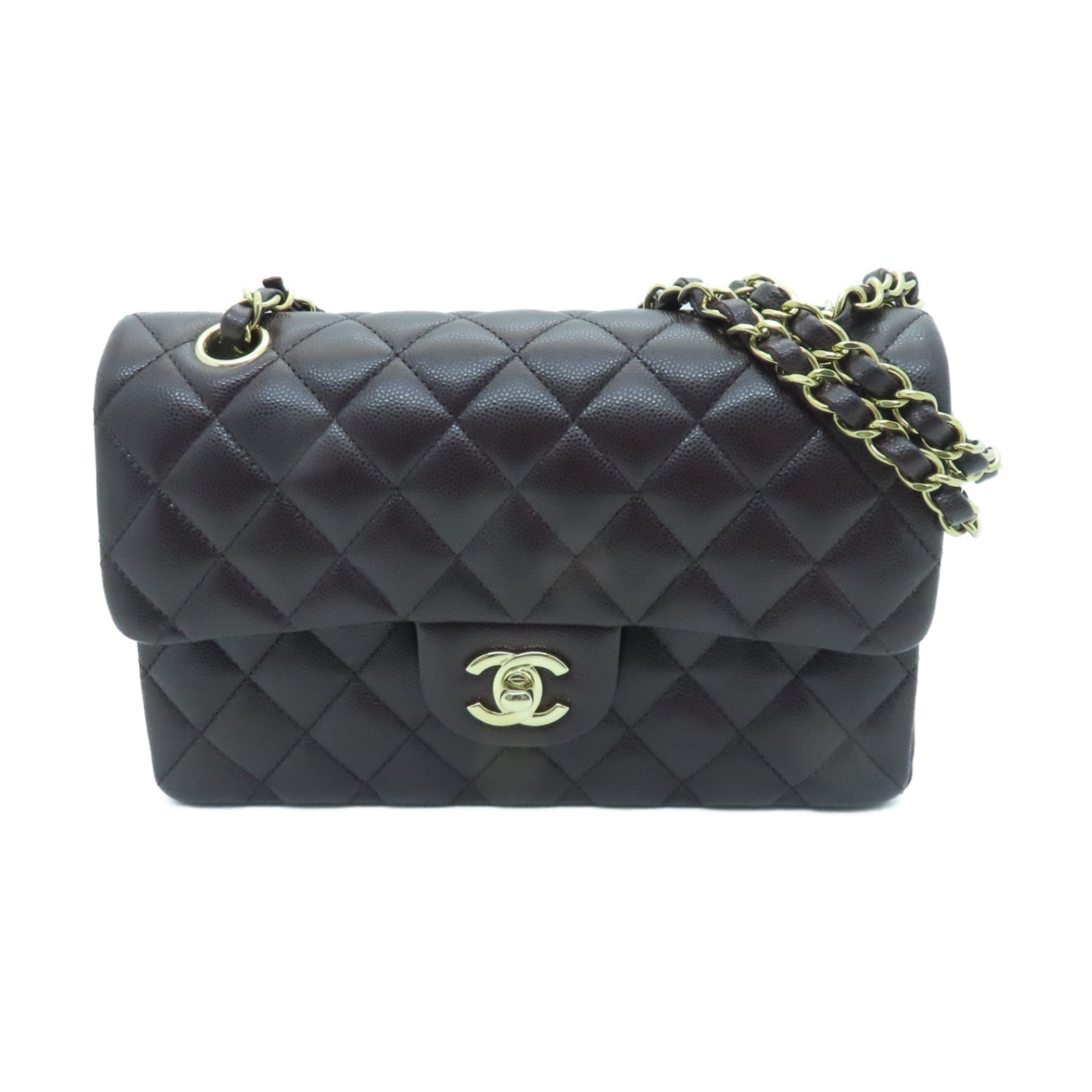 CHANEL Rhombus Caviar Leather Classic 23 cm Gold Buckle Handle Chain Strap Shoulder Bag Brown