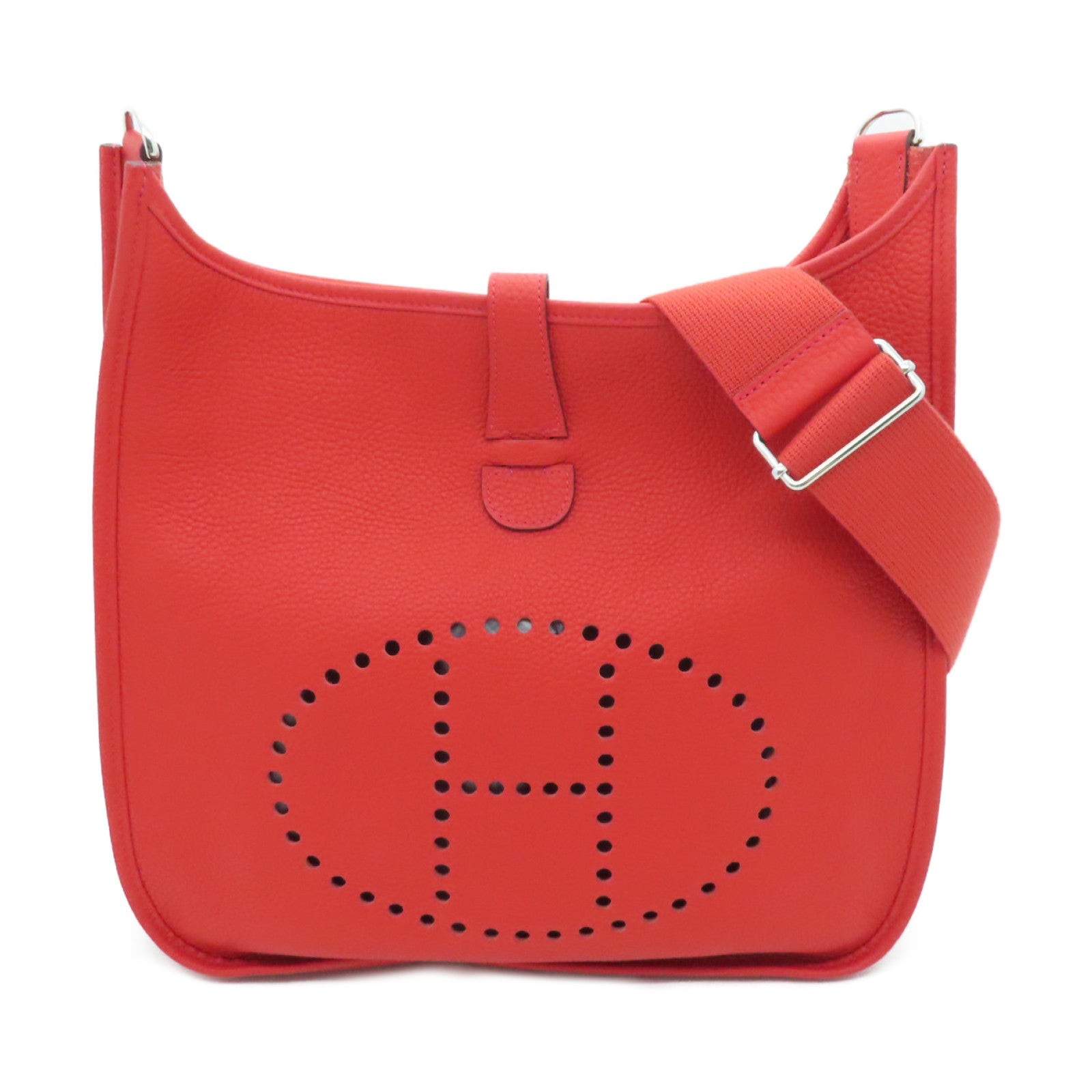 HERMES Clemence Leather Evelyne GM Silver Buckle Shoulder Bag Red