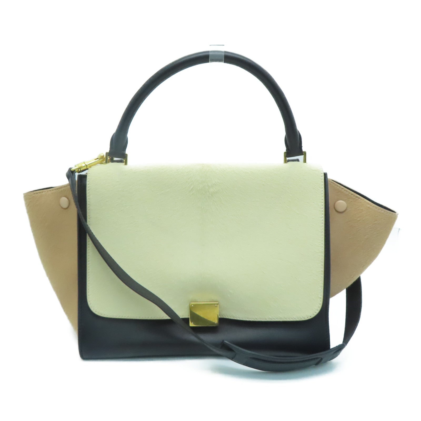 CELINE Sharp Discount Horsehair Trapeze Gold Buckle Handle Shoulder Bag Beige Black Brown