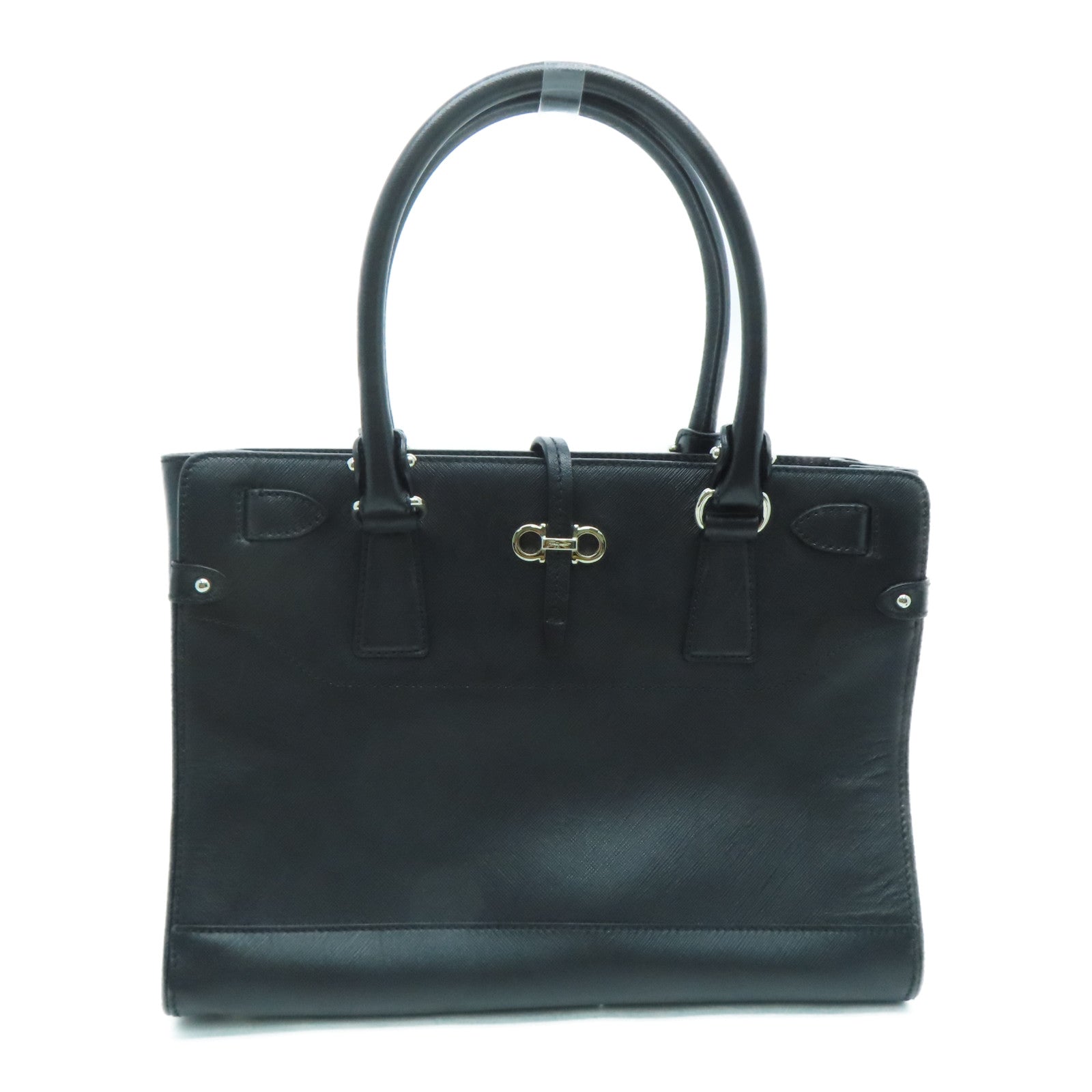 Salvatore Ferragamo Leather Hand Bag Silver Buckle Black