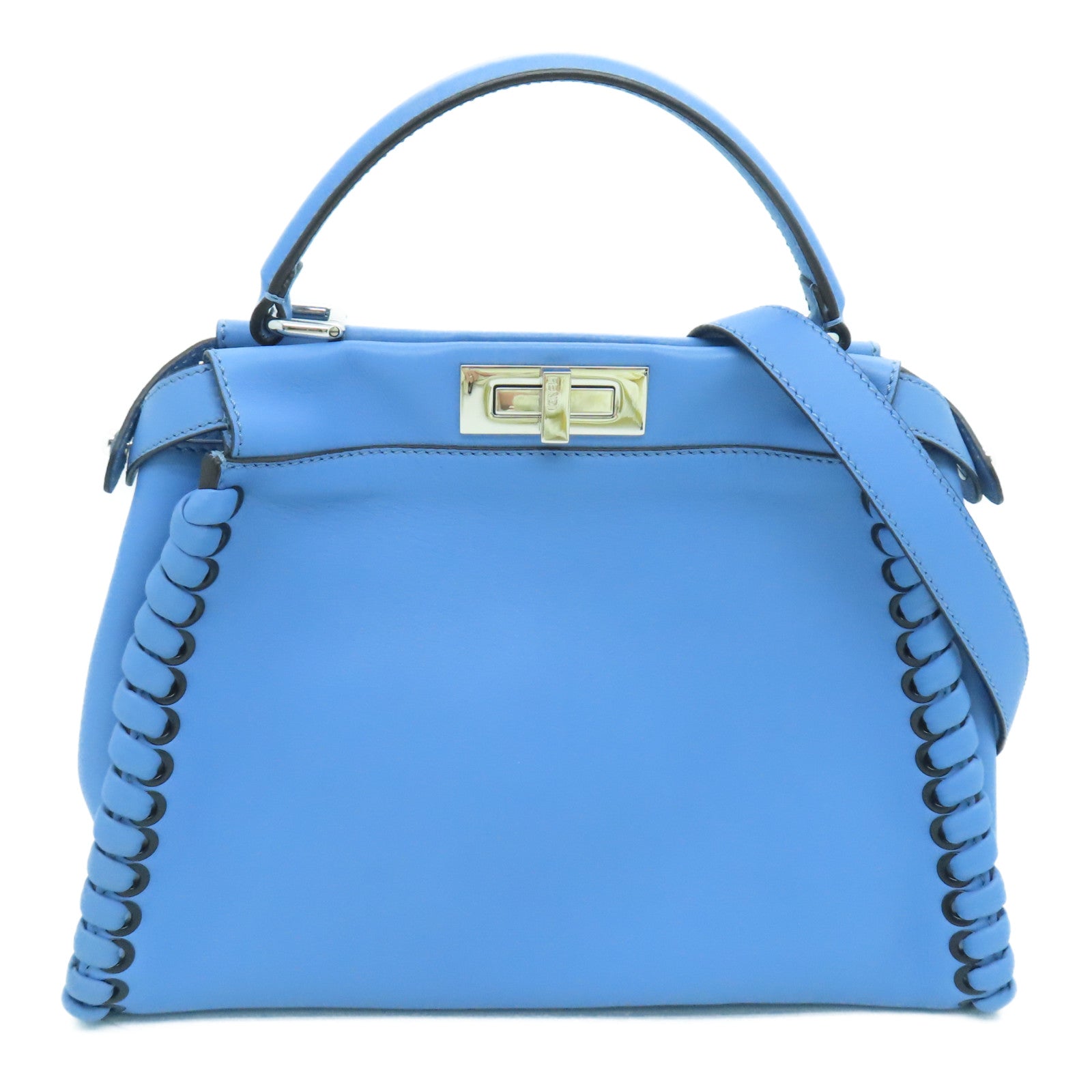 FENDI cowhide leather Peekaboo way Shoulder silver buckle handle shoulder  bag blue