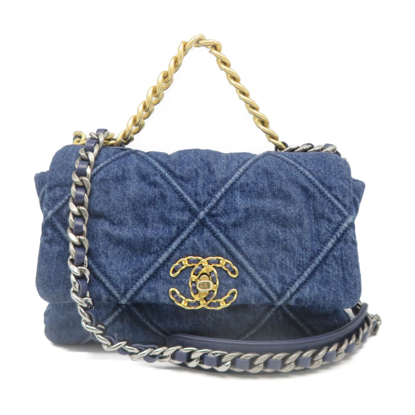 CHANEL Rhombus Denim Chanel 19 Gold Buckle Hand Shoulder Dual-purpose Bag Blue