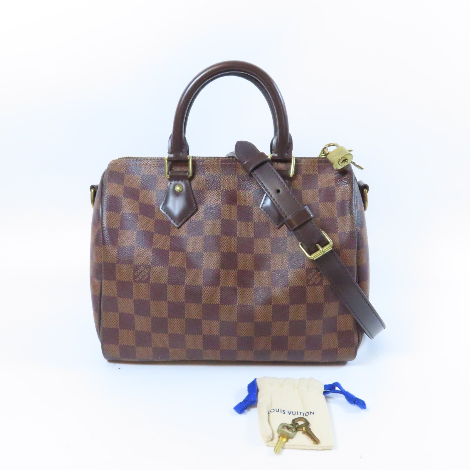LOUIS VUITTON Damier Ebene Speedy Bandouliere 25金扣手挽肩背兩用袋啡色