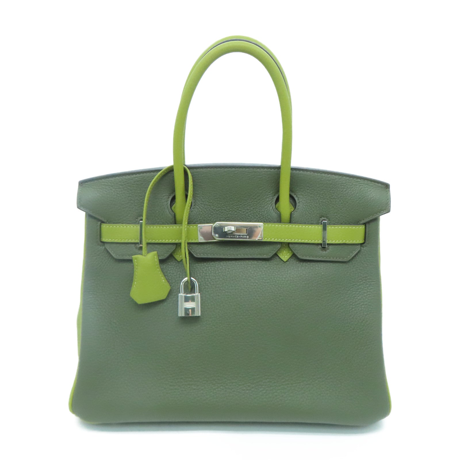 HERMES Togo Leather Birkin 30 Silver Buckle Handle Bag Green