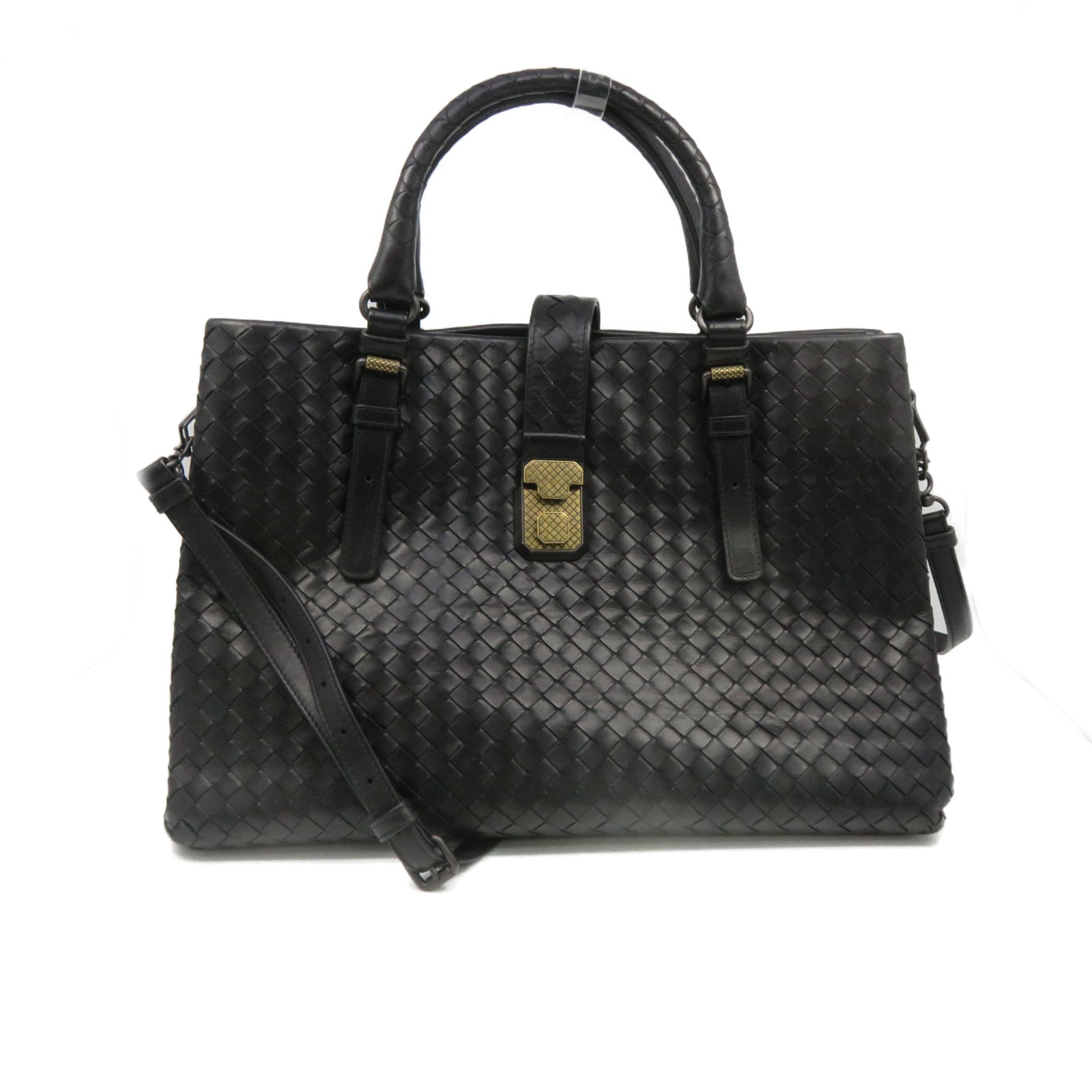BOTTEGA VENETA Textured Leather 2Way Hand Bag Gold Buckle Handle