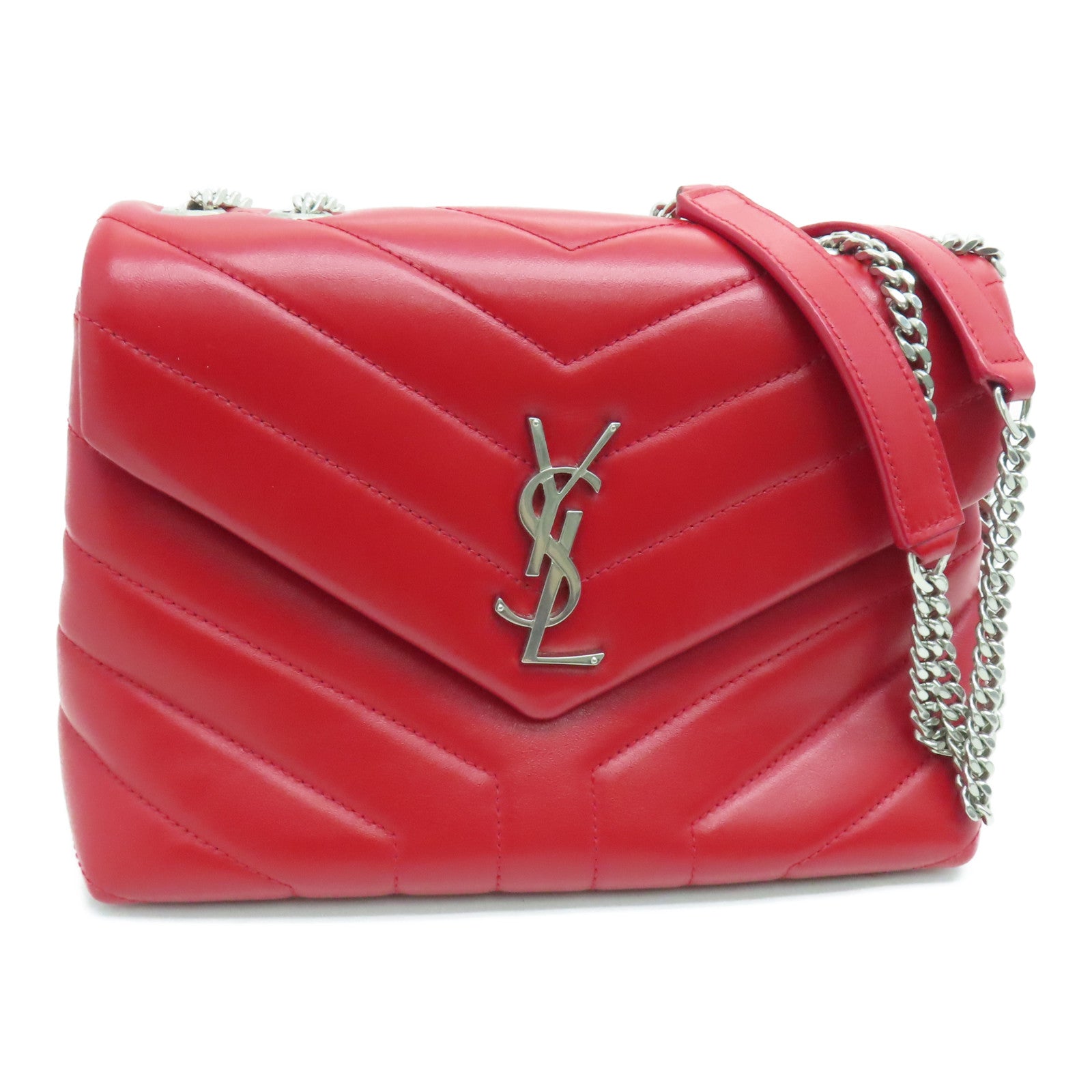 SAINT LAURENT Calfskin Leather Lou Lou Chain Shoulder Bag Silver Buckle Red