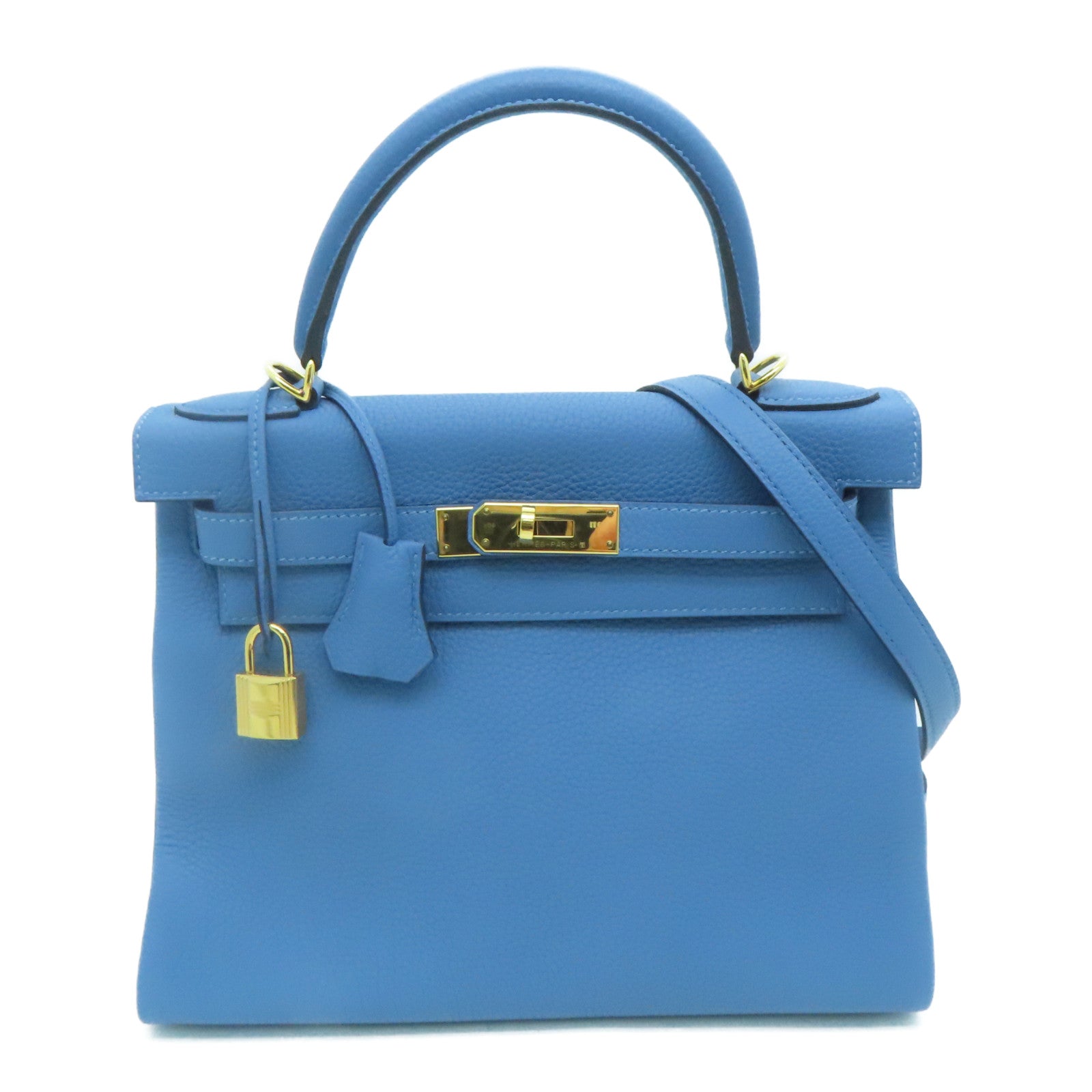 HERMES Togo皮革Kelly 28金扣手挽肩背两用袋蓝色/Blue agate