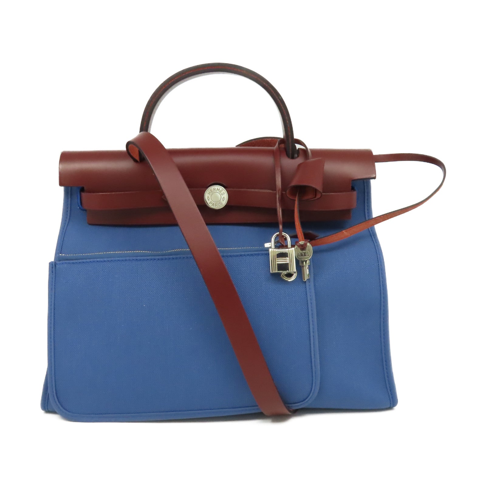HERMES 帆布Herbag PM 2Way Shoulder Bag銀扣手挽肩背兩用袋Blen agate/Rough H瑪瑙藍色/酒紅色