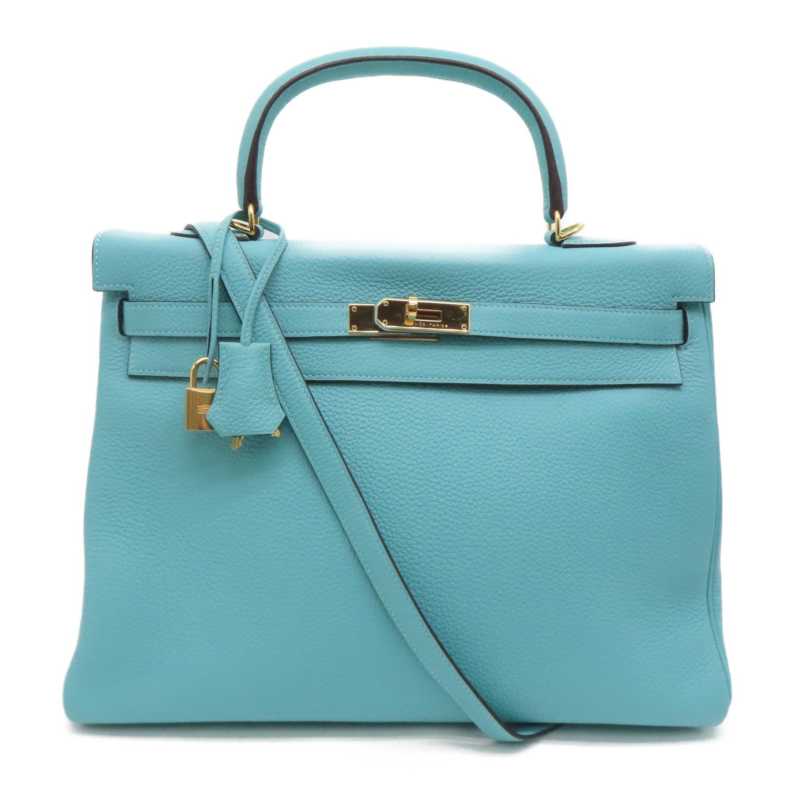 HERMES Clemence Leather Kelly 35 Gold Buckle Handle Shoulder Bag Blue  Atoll/Blue