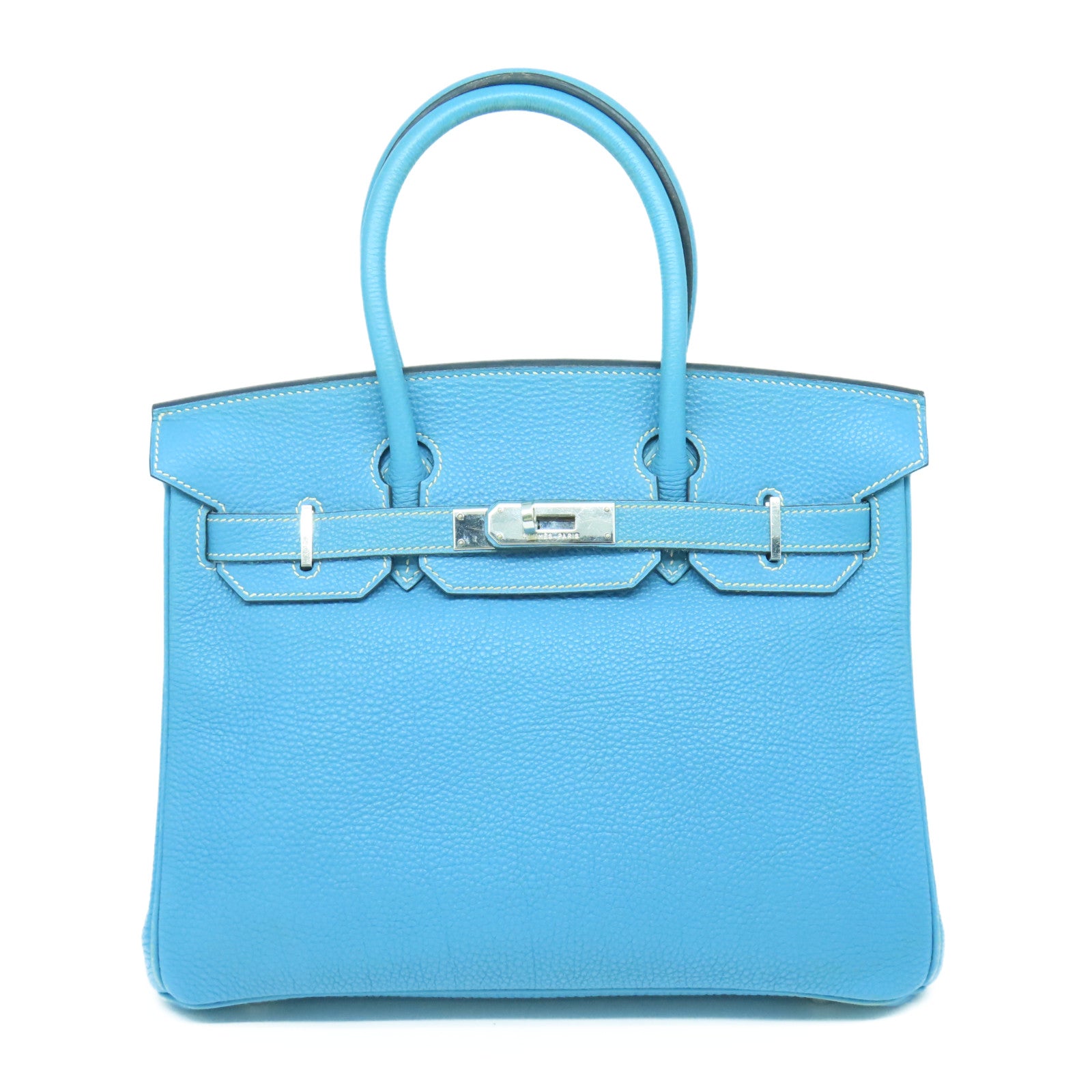 HERMES Togo Leather Birkin 30 Silver Buckle Hand Bag Denim Blue