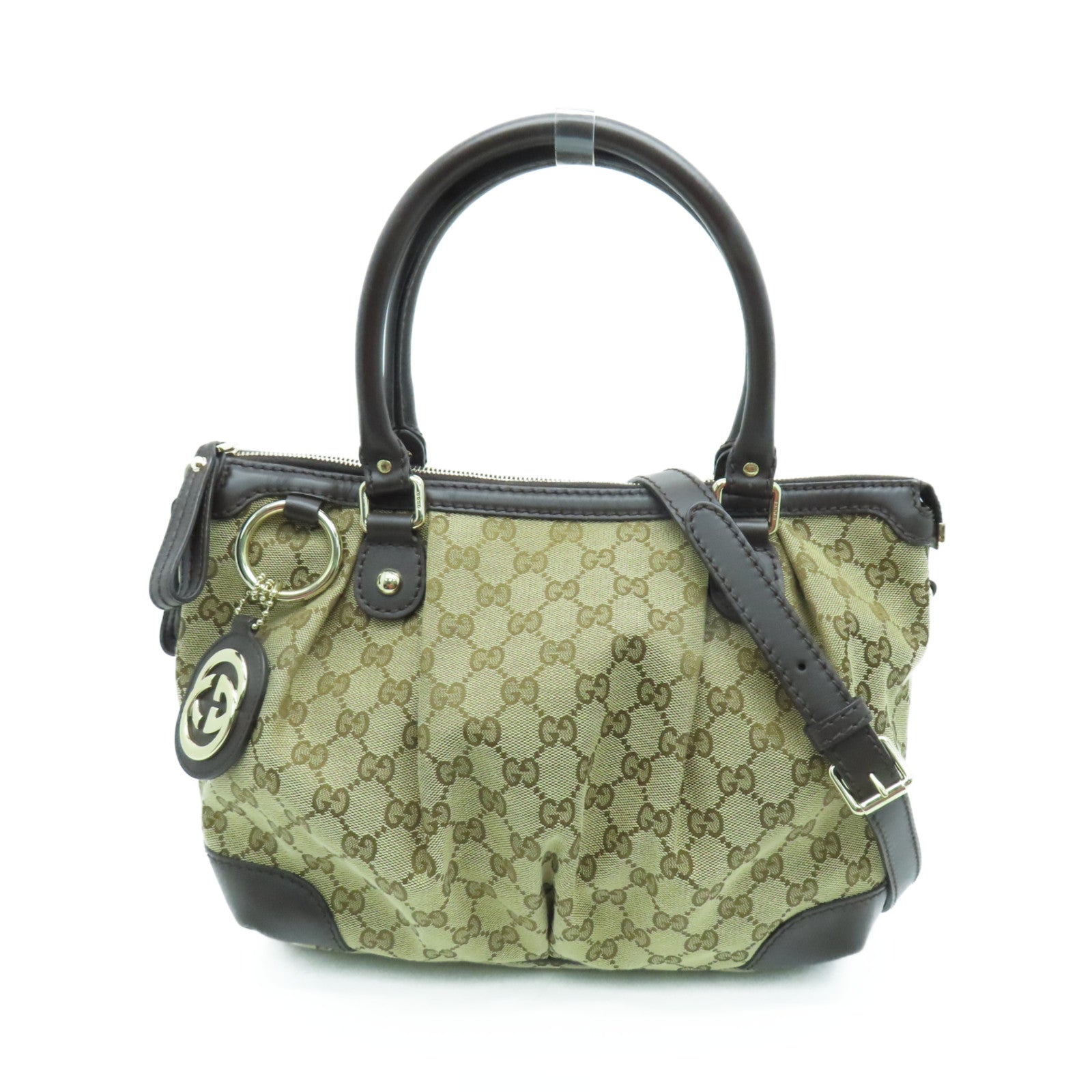GUCCI Canvas 2way Shoulder Bag Gold Buckle Handle Shoulder