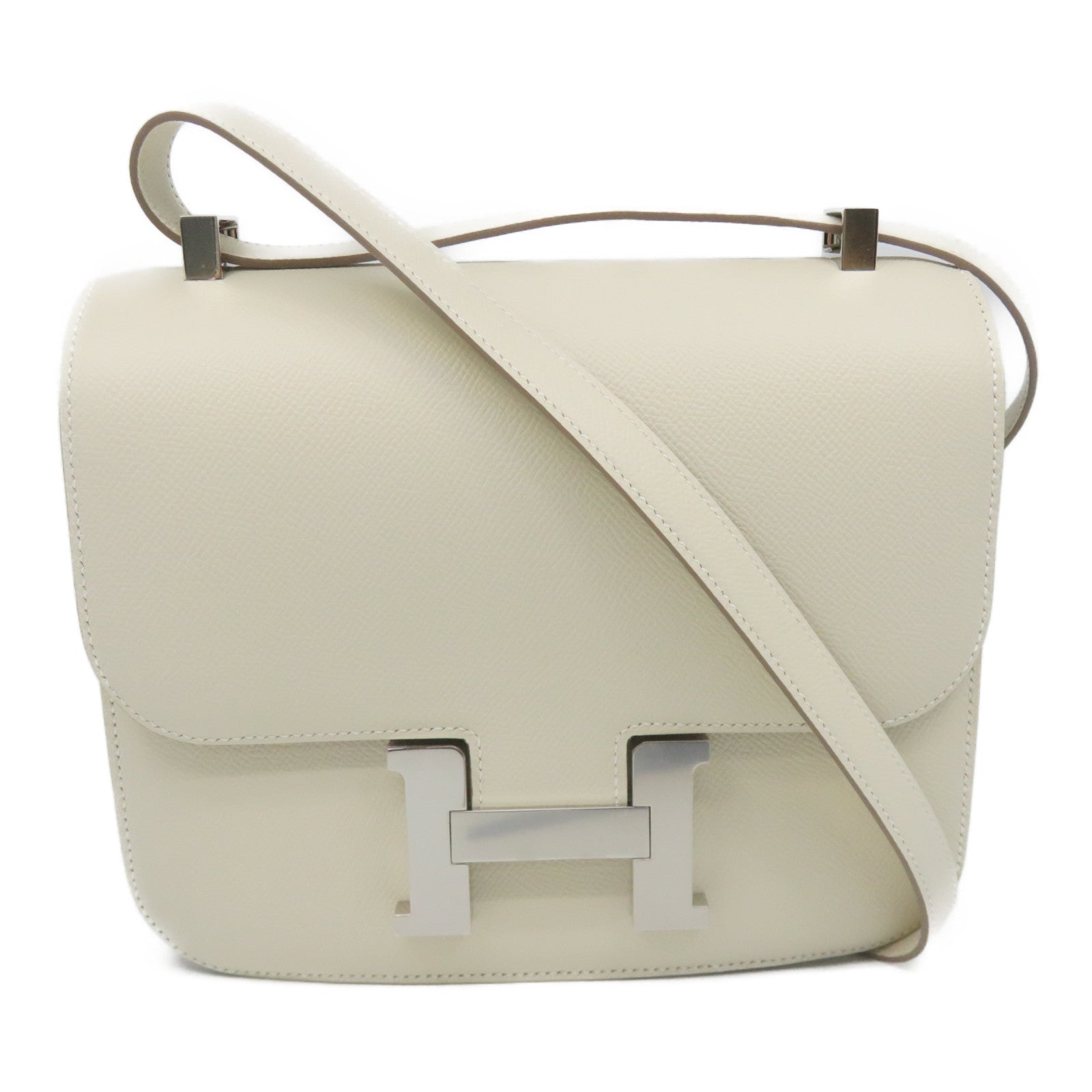 HERMES Epsom Leather Constance 24 Silver Buckle Chain Shoulder Bag White